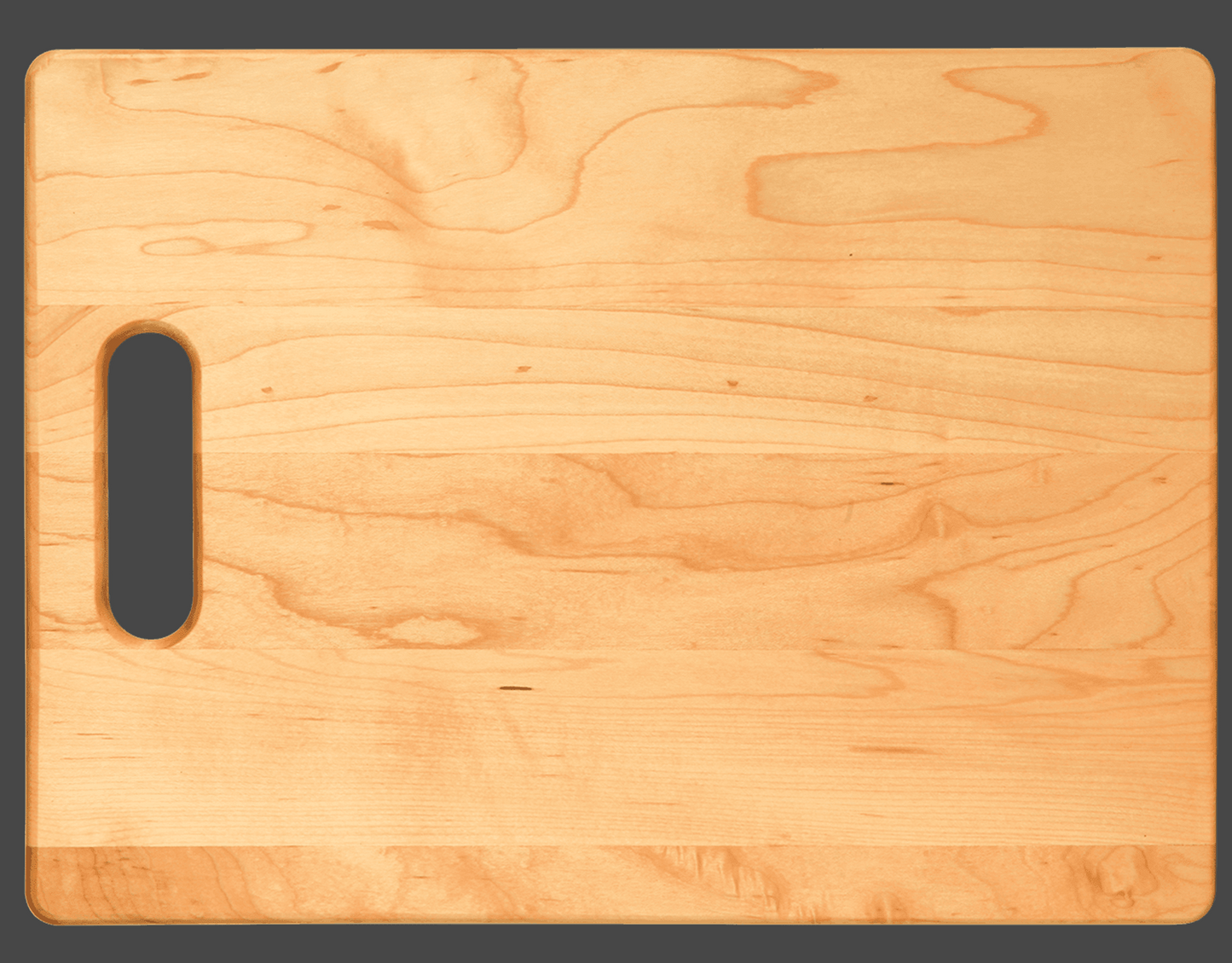 Maple wooden cutting board with a handle on a dark background