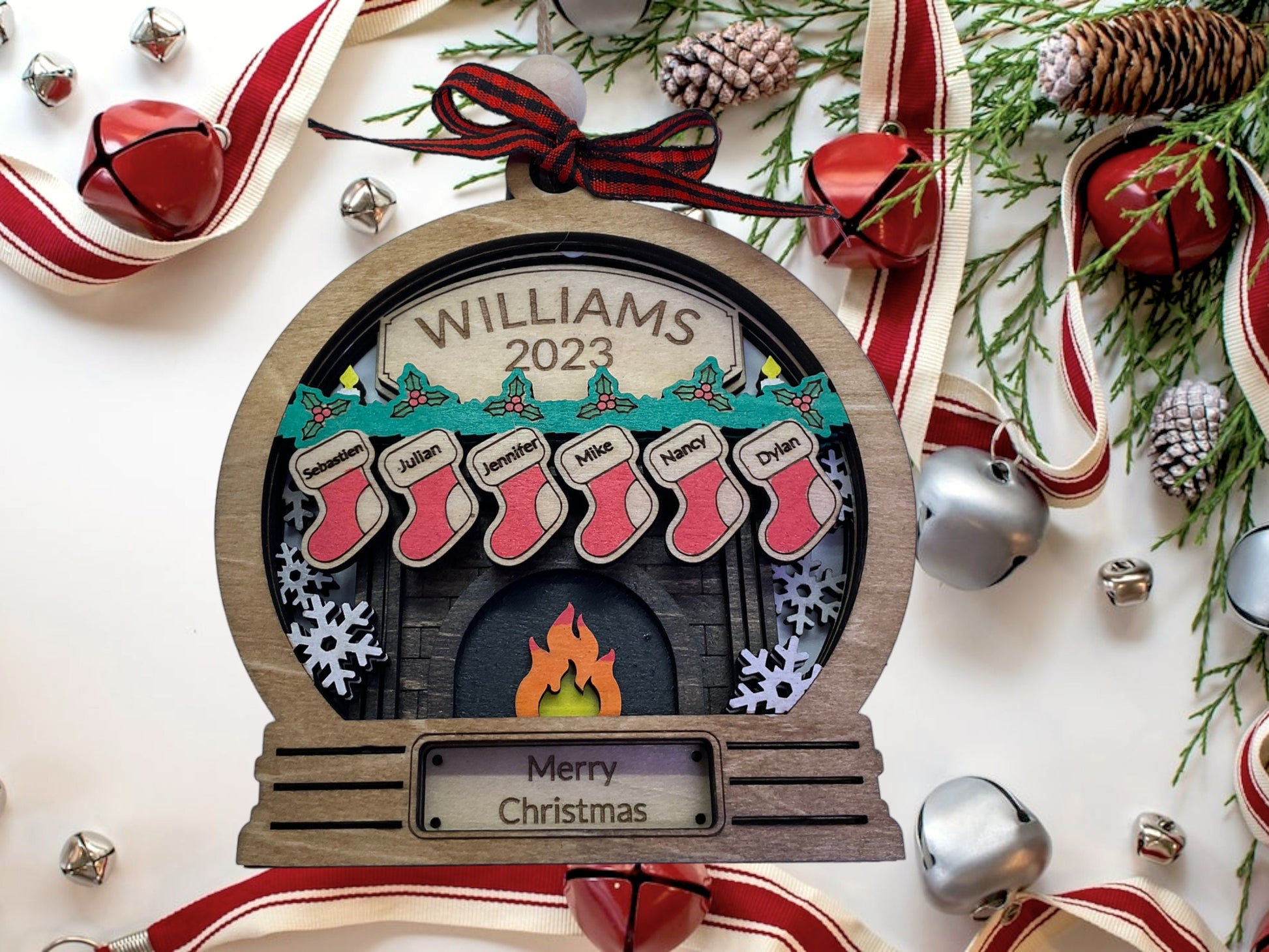 Custom Family Christmas Ornament: Wooden Fireplace, Personalized Xmas Tree Hanging