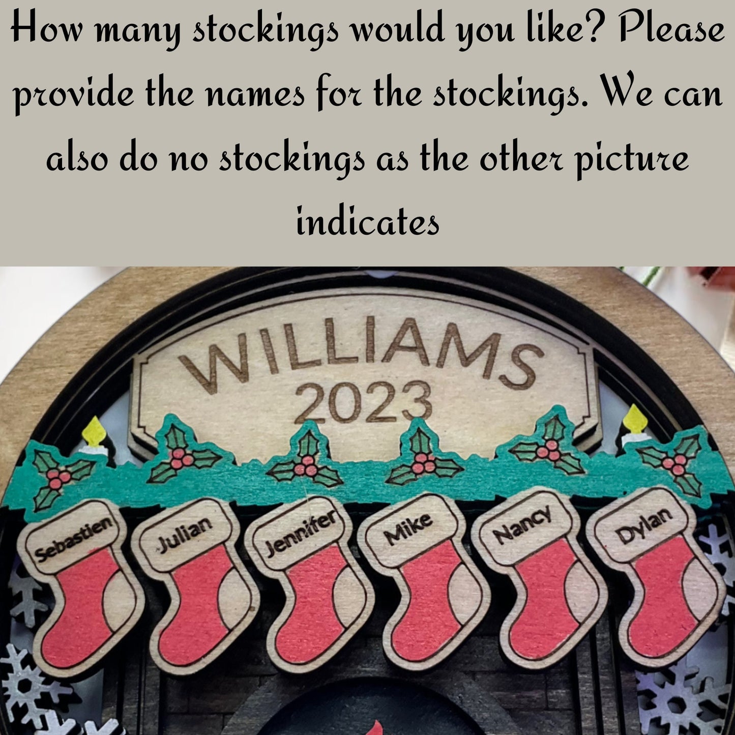 Custom Family Christmas Ornament: Wooden Fireplace, Personalized Xmas Tree Hanging