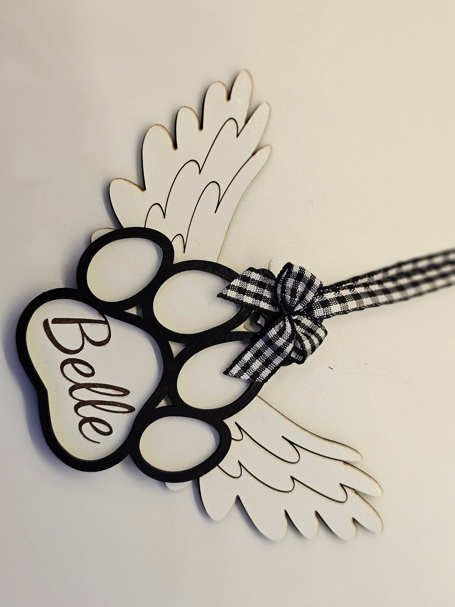 Personalized Pet Memorial Ornament: Engraved Wood Paw Print with Wings