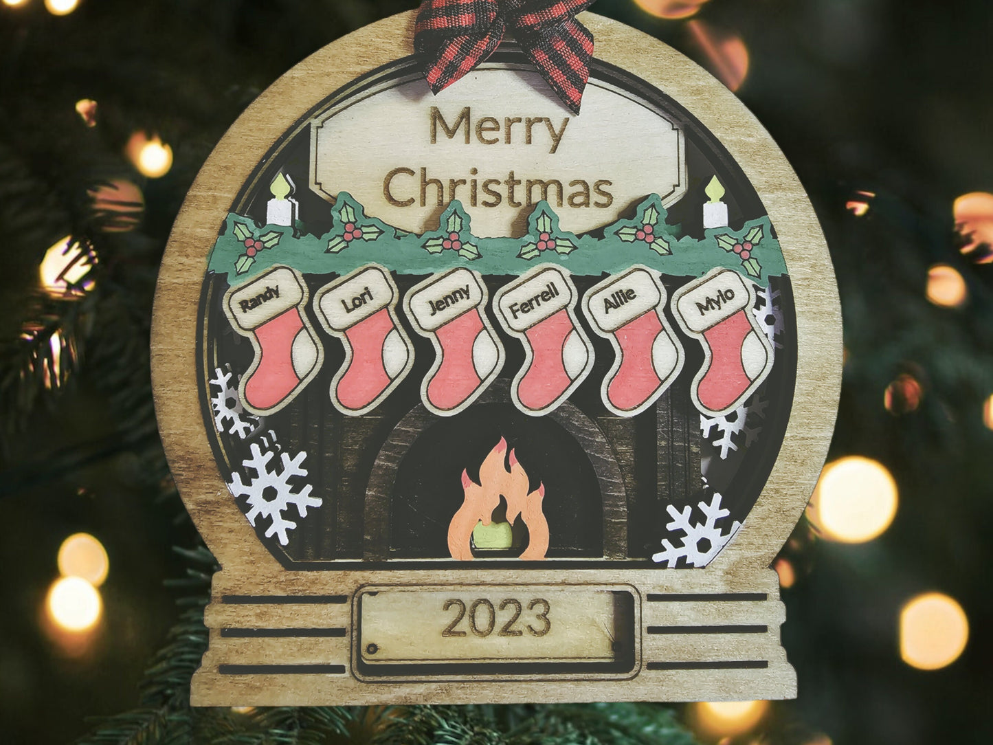 Custom Family Christmas Ornament: Wooden Fireplace, Personalized Xmas Tree Hanging