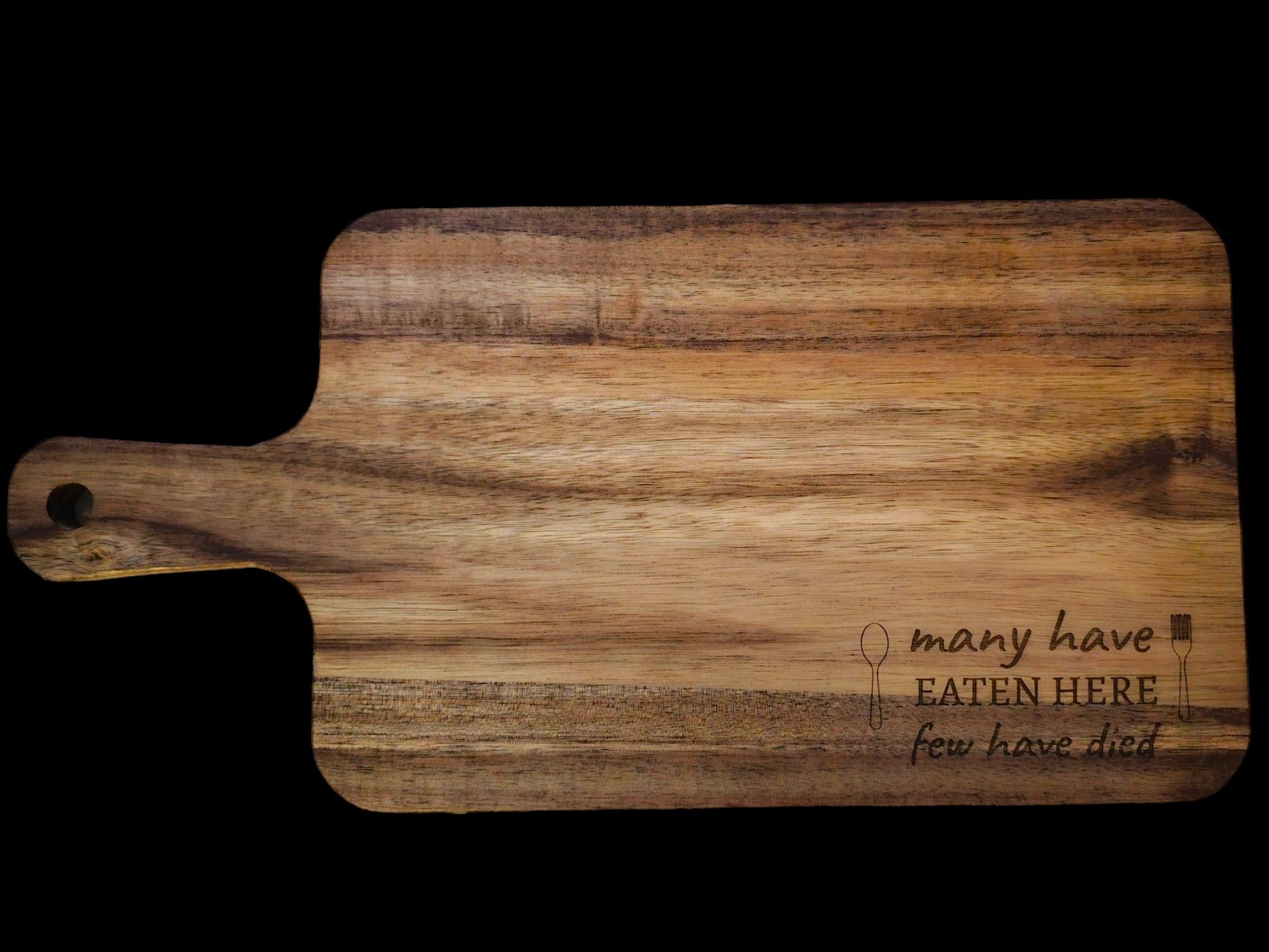 Many Have Eaten Here, Few Have Died, Rustic Engraved Wooden Cutting Board, Farmhouse Kitchen Decor, Personalized Family Name Chopping Board
