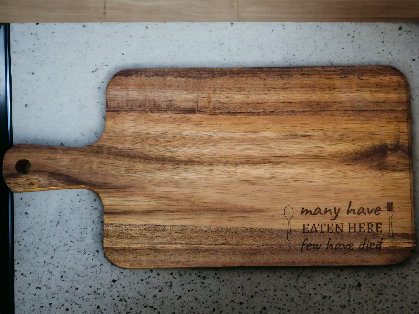 Many Have Eaten Here, Few Have Died, Rustic Engraved Wooden Cutting Board, Farmhouse Kitchen Decor, Personalized Family Name Chopping Board