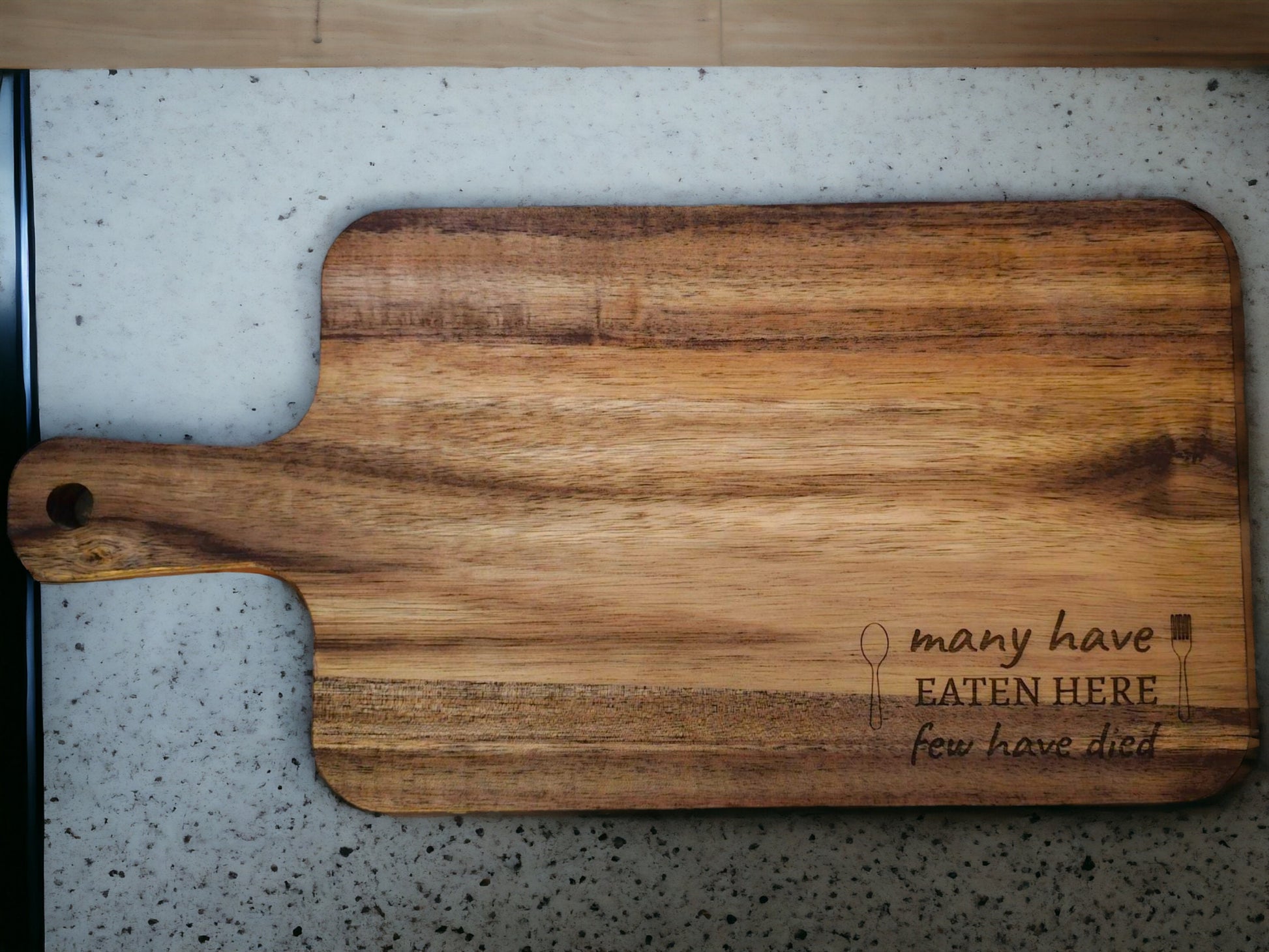 Many Have Eaten Here, Few Have Died, Rustic Engraved Wooden Cutting Board, Farmhouse Kitchen Decor, Personalized Family Name Chopping Board