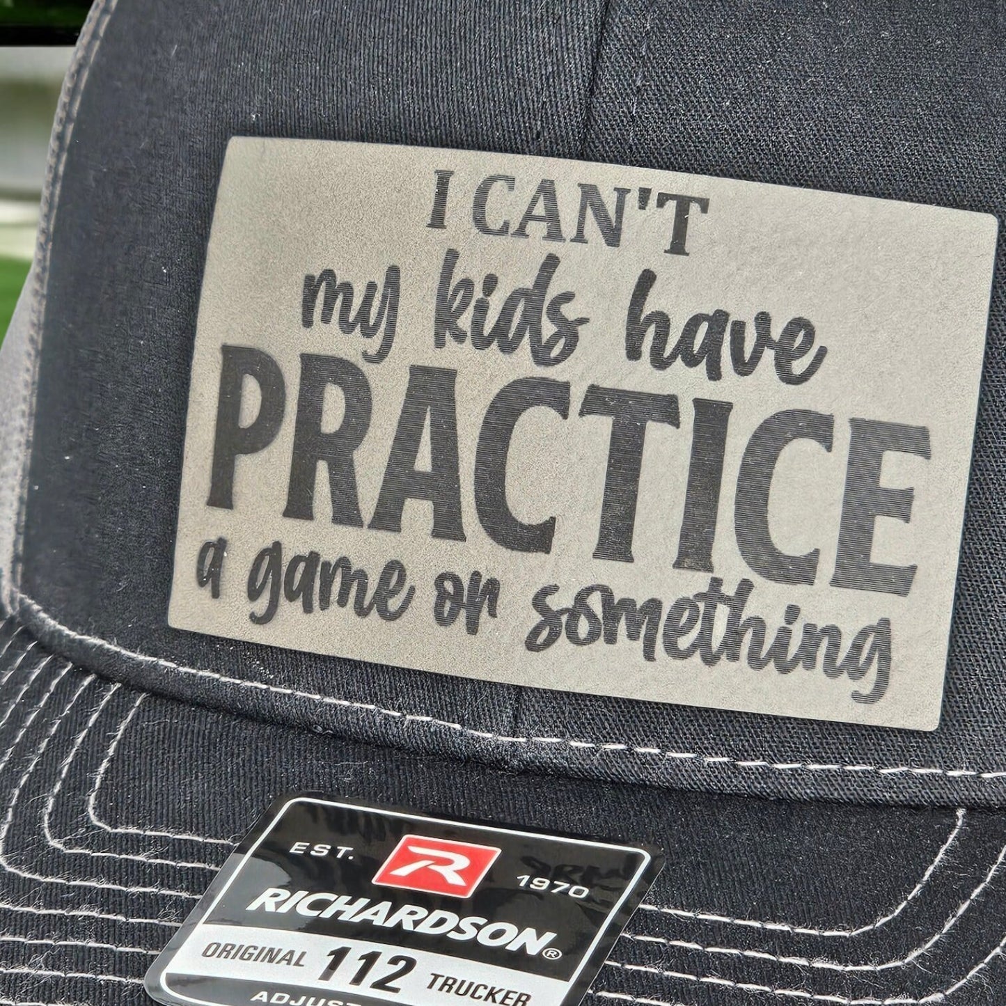 Baseball Hat "I Can't My Kids Have Practice" Black Gray Cap, Fun Parenting Hat, Funny Gift, leather patch
