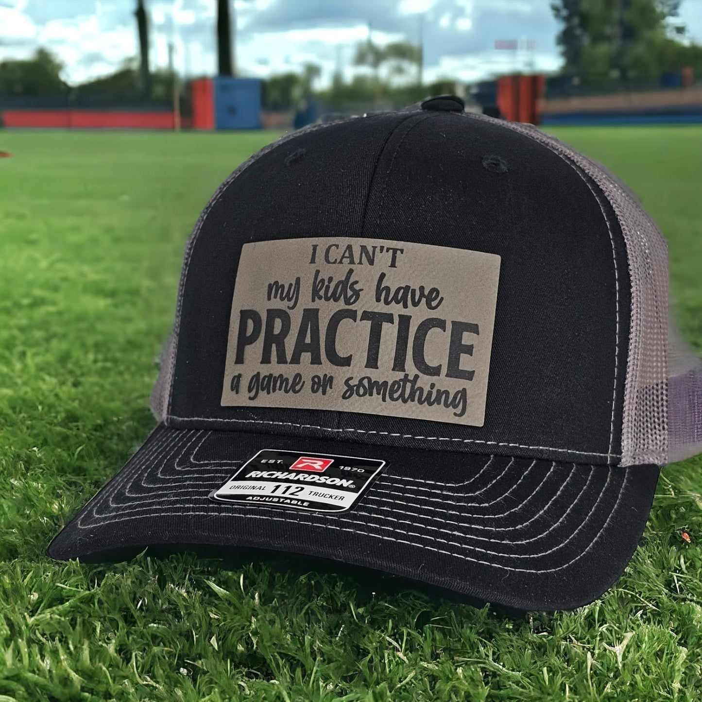 Baseball Hat "I Can't My Kids Have Practice" Black Gray Cap, Fun Parenting Hat, Funny Gift, leather patch