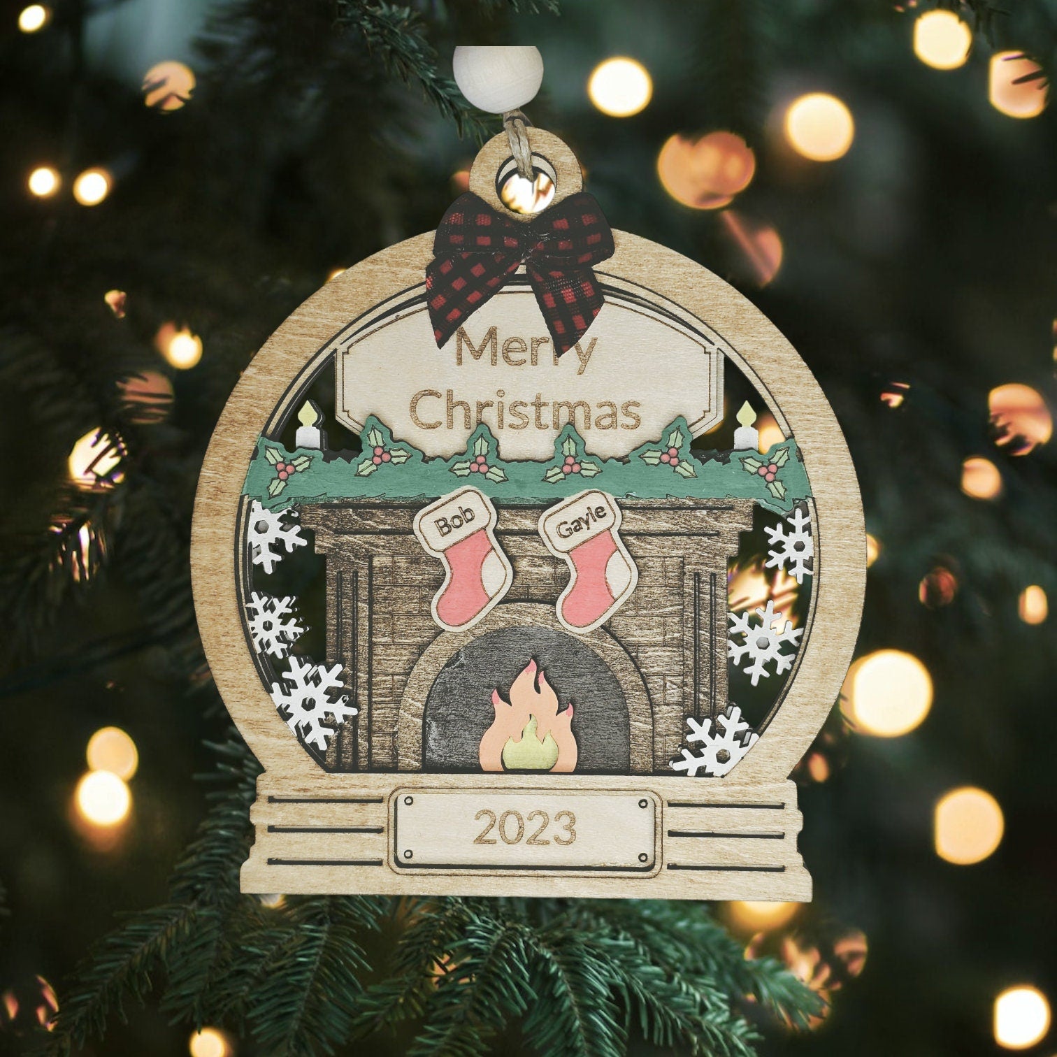 Custom Family Christmas Ornament: Wooden Fireplace, Personalized Xmas Tree Hanging