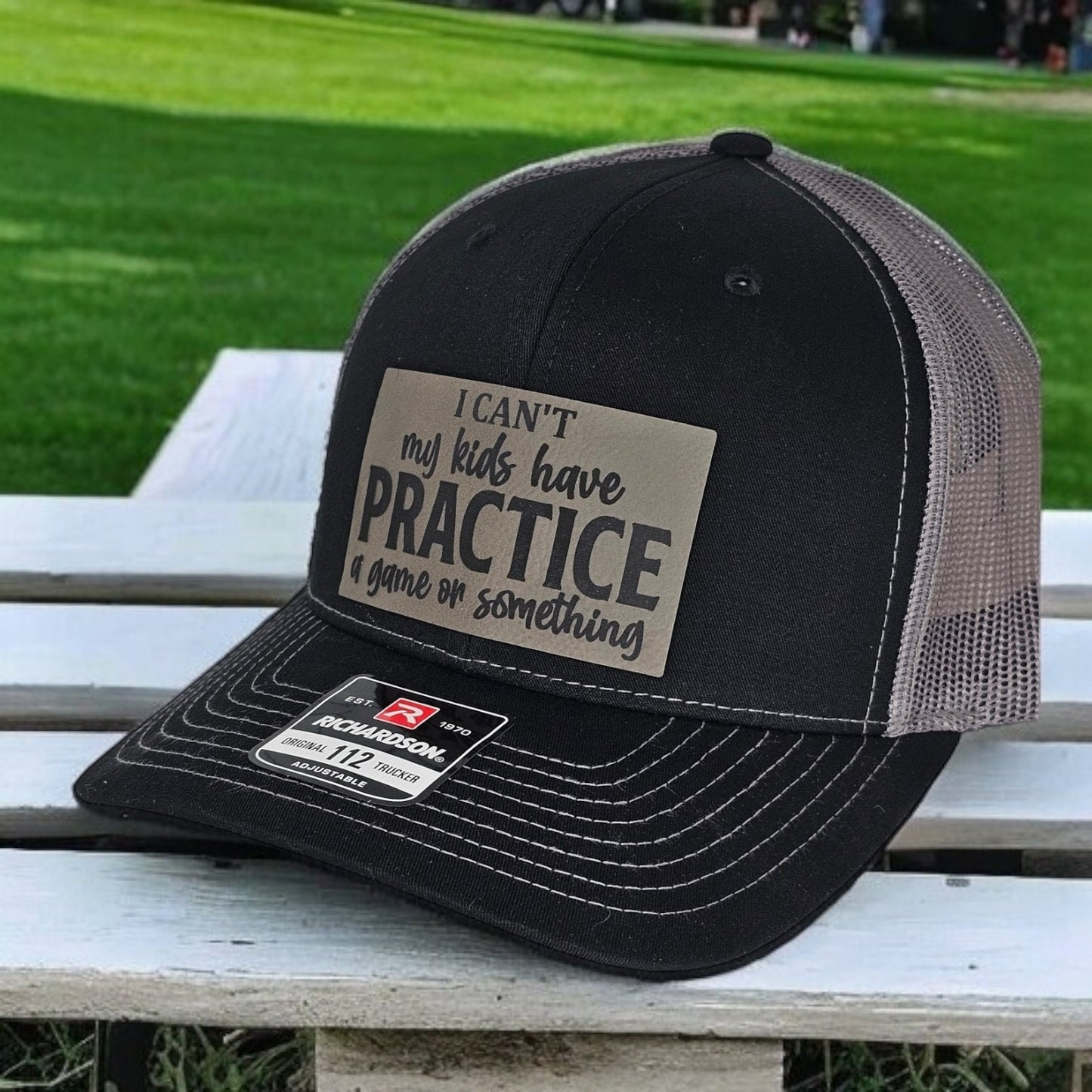 Baseball Hat "I Can't My Kids Have Practice" Black Gray Cap, Fun Parenting Hat, Funny Gift, leather patch