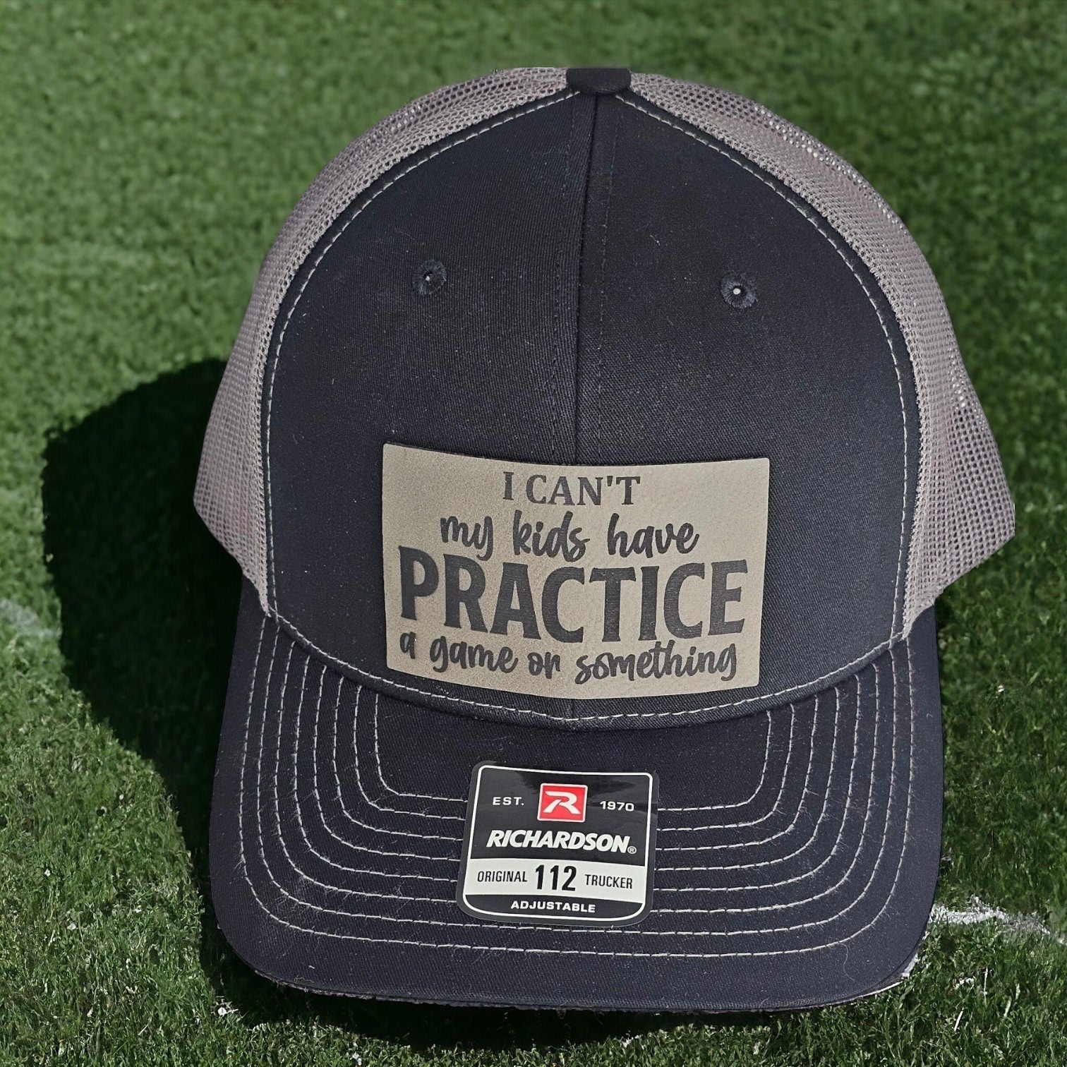 Baseball Hat "I Can't My Kids Have Practice" Black Gray Cap, Fun Parenting Hat, Funny Gift, leather patch