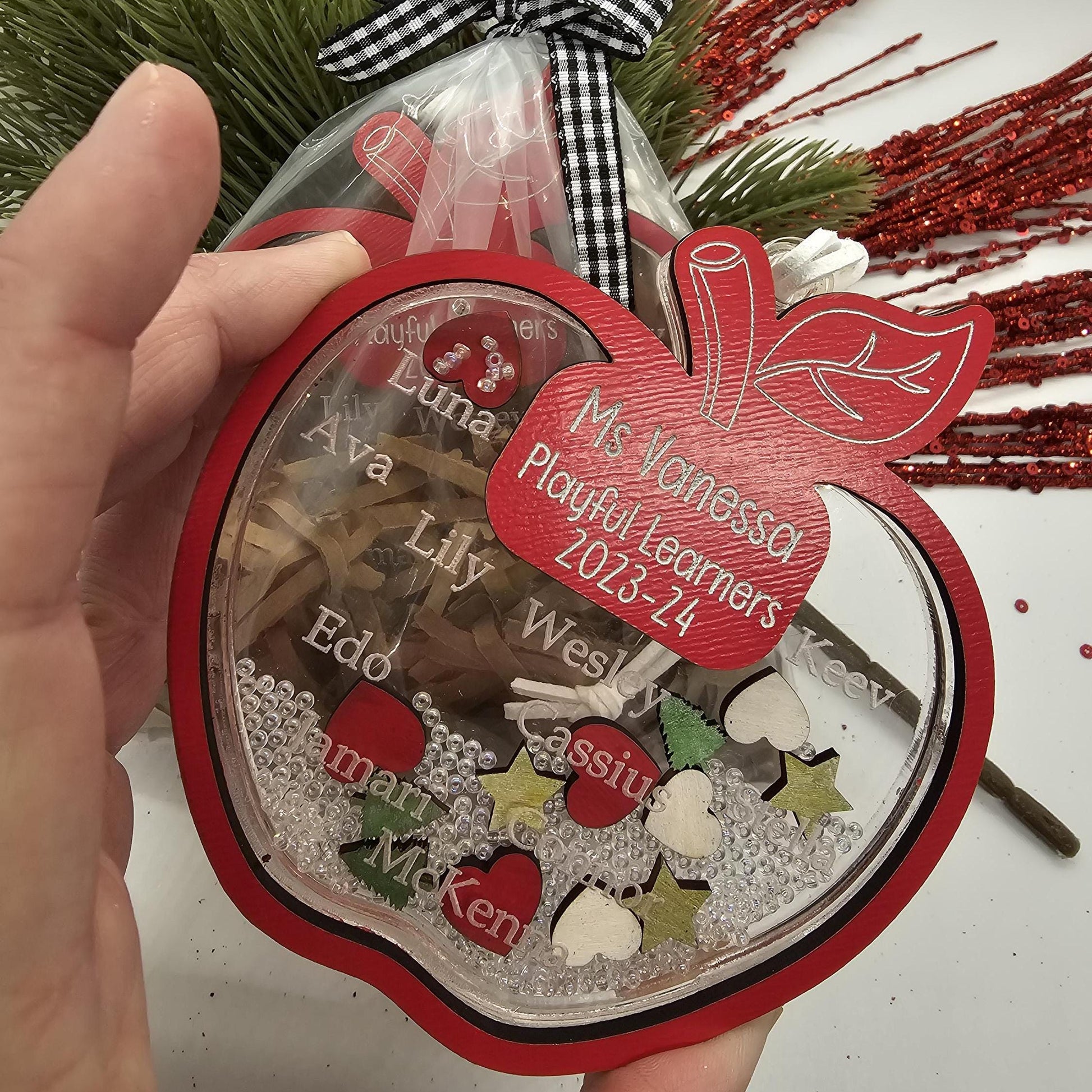 Personalized Teacher Apple Ornament: Custom Student Names Shaker Gift