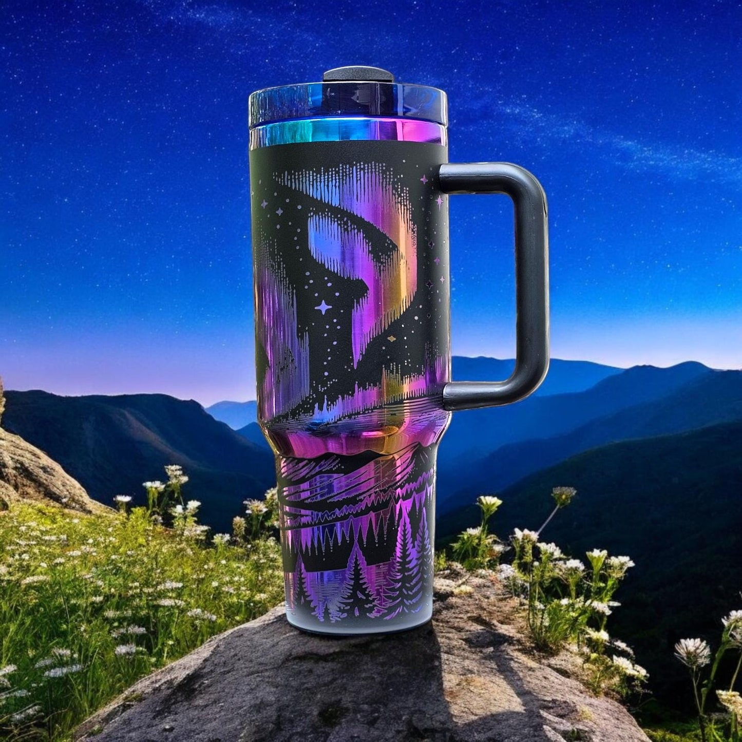 Northern Lights chroma, 40 oz Stainless Steel, Water Bottle with handle, Aurora Borealis