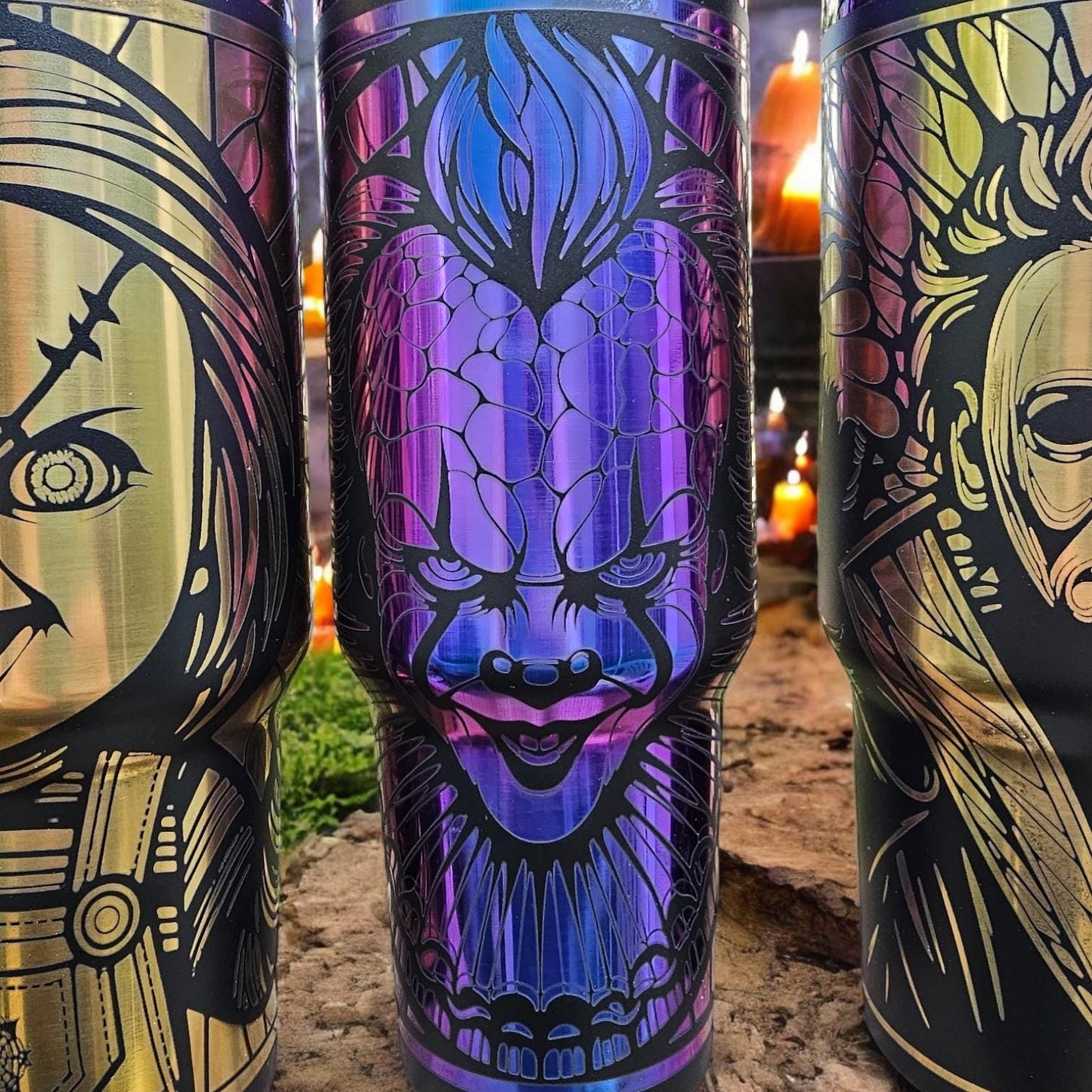 Horror Legends Engraved Tumblers – 20 oz & 40 oz | Michael Meyers, Chuckie, Pennywise, Leatherface, Pinhead, Ghostface and Beetle Juice