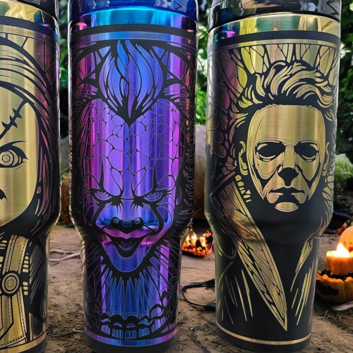 Horror Legends Engraved Tumblers – 20 oz & 40 oz | Michael Meyers, Chuckie, Pennywise, Leatherface, Pinhead, Ghostface and Beetle Juice