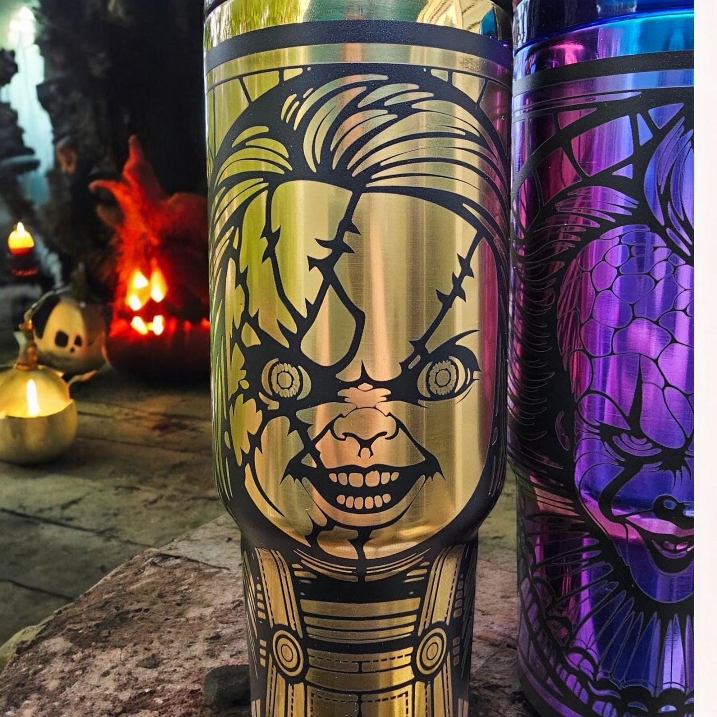 Horror Legends Engraved Tumblers – 20 oz & 40 oz | Michael Meyers, Chuckie, Pennywise, Leatherface, Pinhead, Ghostface and Beetle Juice