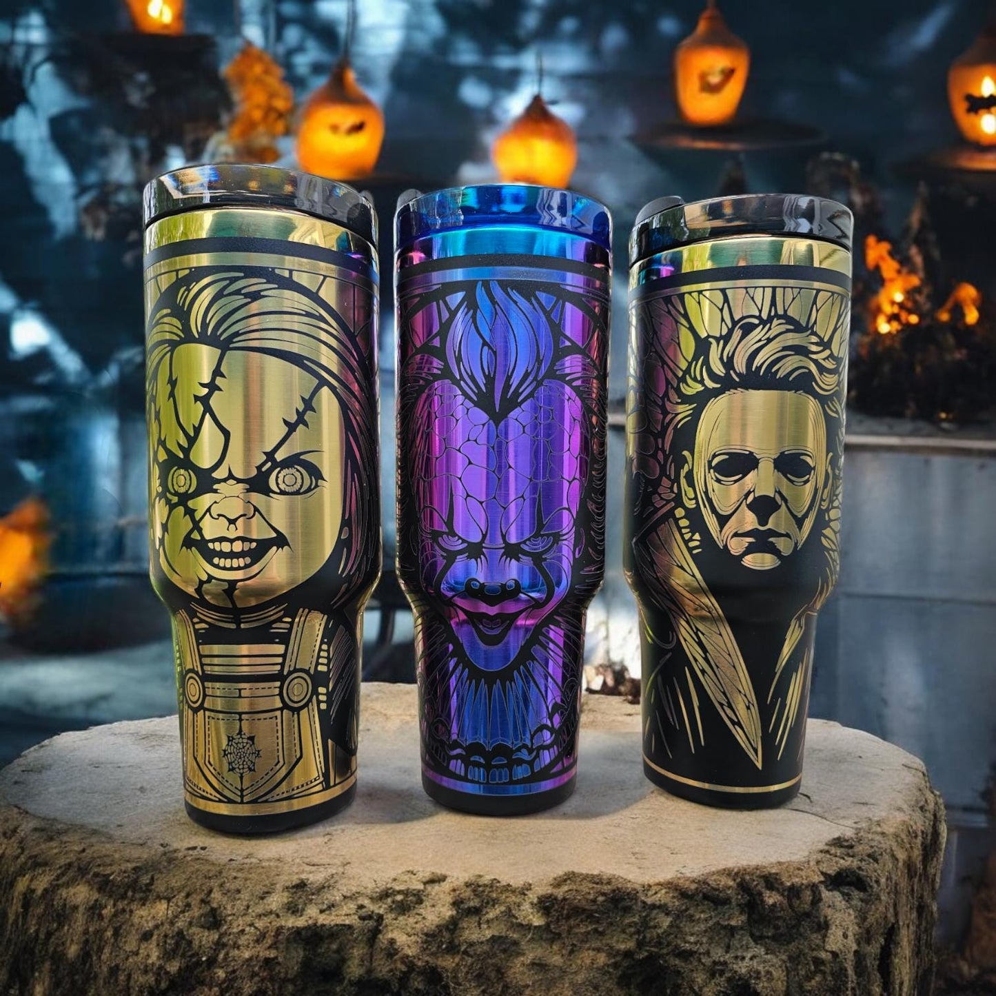 Horror Legends Engraved Tumblers – 20 oz & 40 oz | Michael Meyers, Chuckie, Pennywise, Leatherface, Pinhead, Ghostface and Beetle Juice