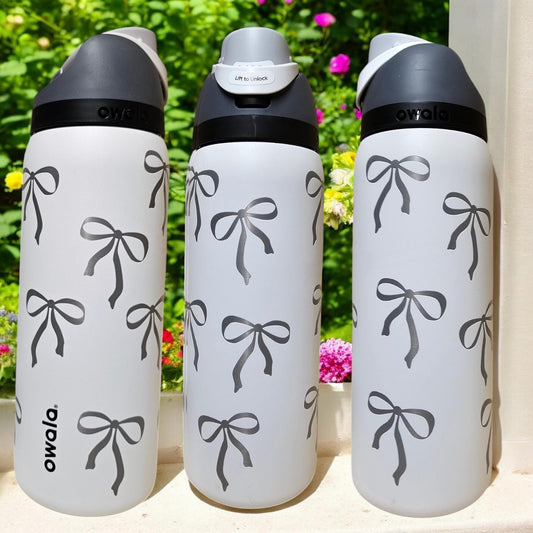 Bow Engraved Owala Water Bottle: Silver Bows, Coquette Drinkware