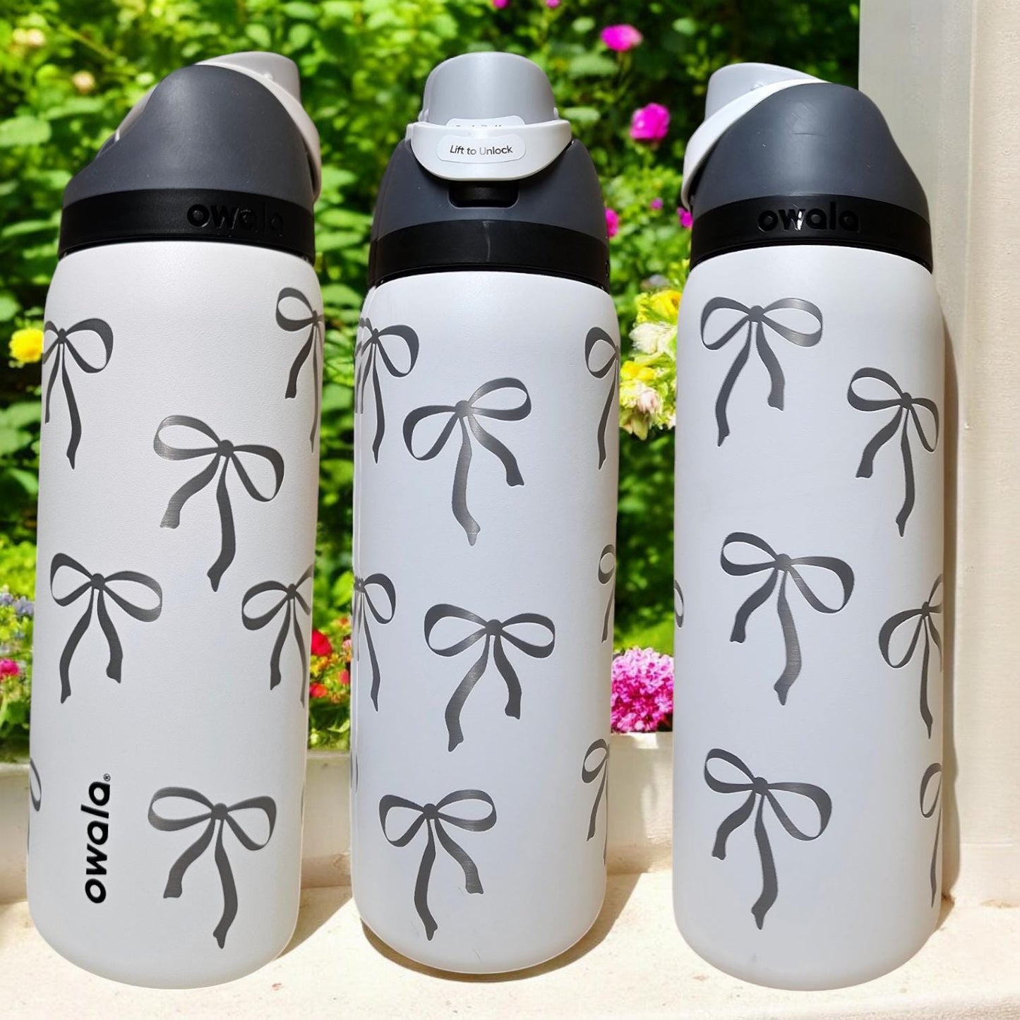 Coquette Engraved Owala 24, 30, 32 and 40 oz Bottle | Silver Bows Design | Elegant & Personalized Drinkware, Freesip and Sway