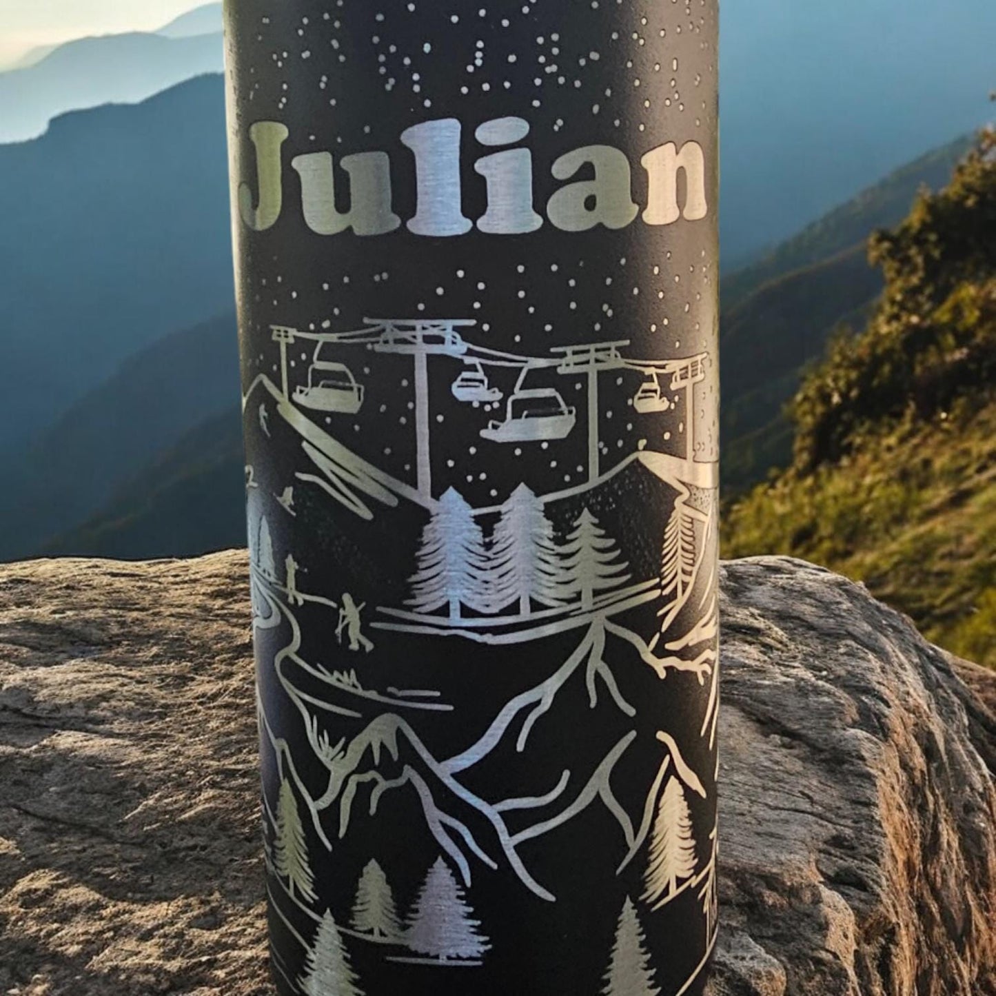 32 oz Owala Tumbler with Engraved Ski Lodge Scene – sleek and very very dark Colors, Perfect for Winter Adventures