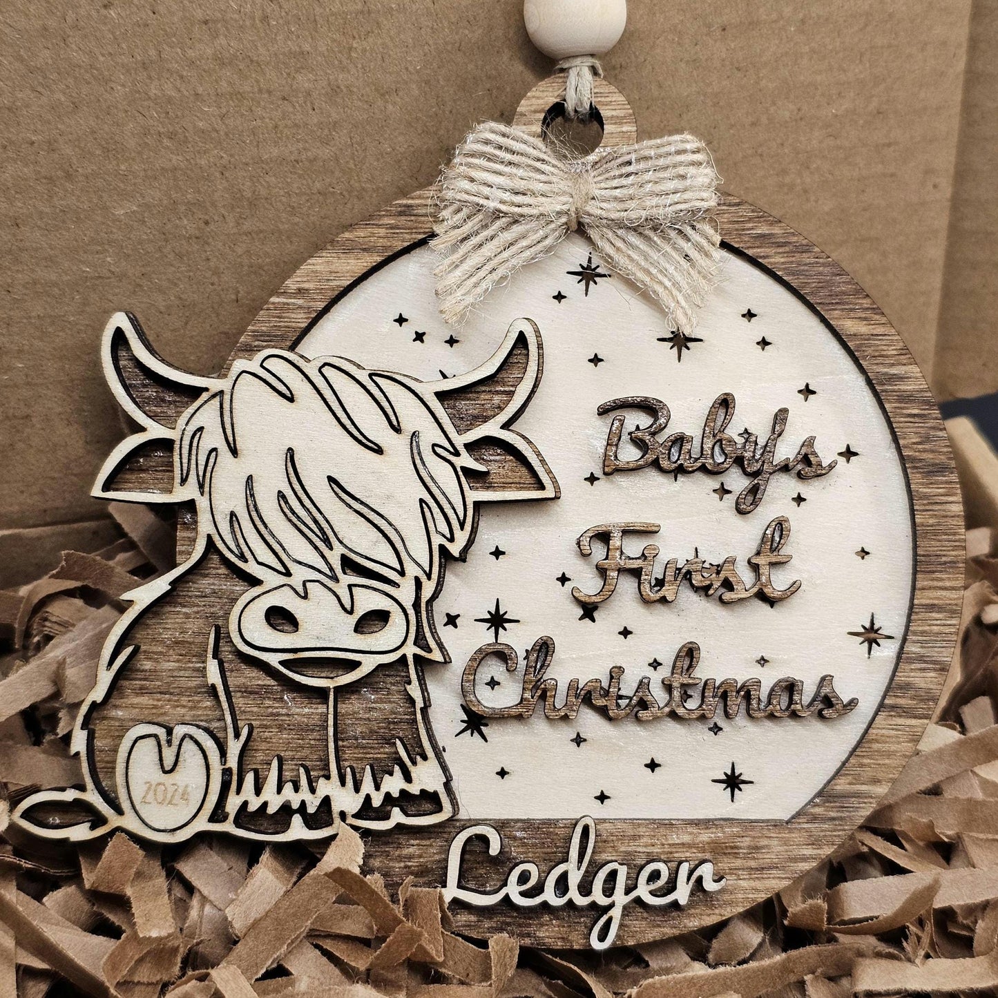 Baby's First Christmas Highland Cow, Cute Cow Ornament, Personalized Baby Gift, Holiday Decor
