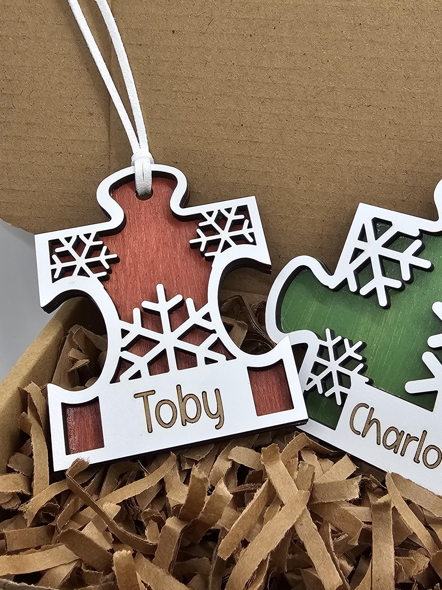 Wooden Puzzle Ornament with Personalization, Custom Name Christmas Decoration, Personalized Holiday Gift