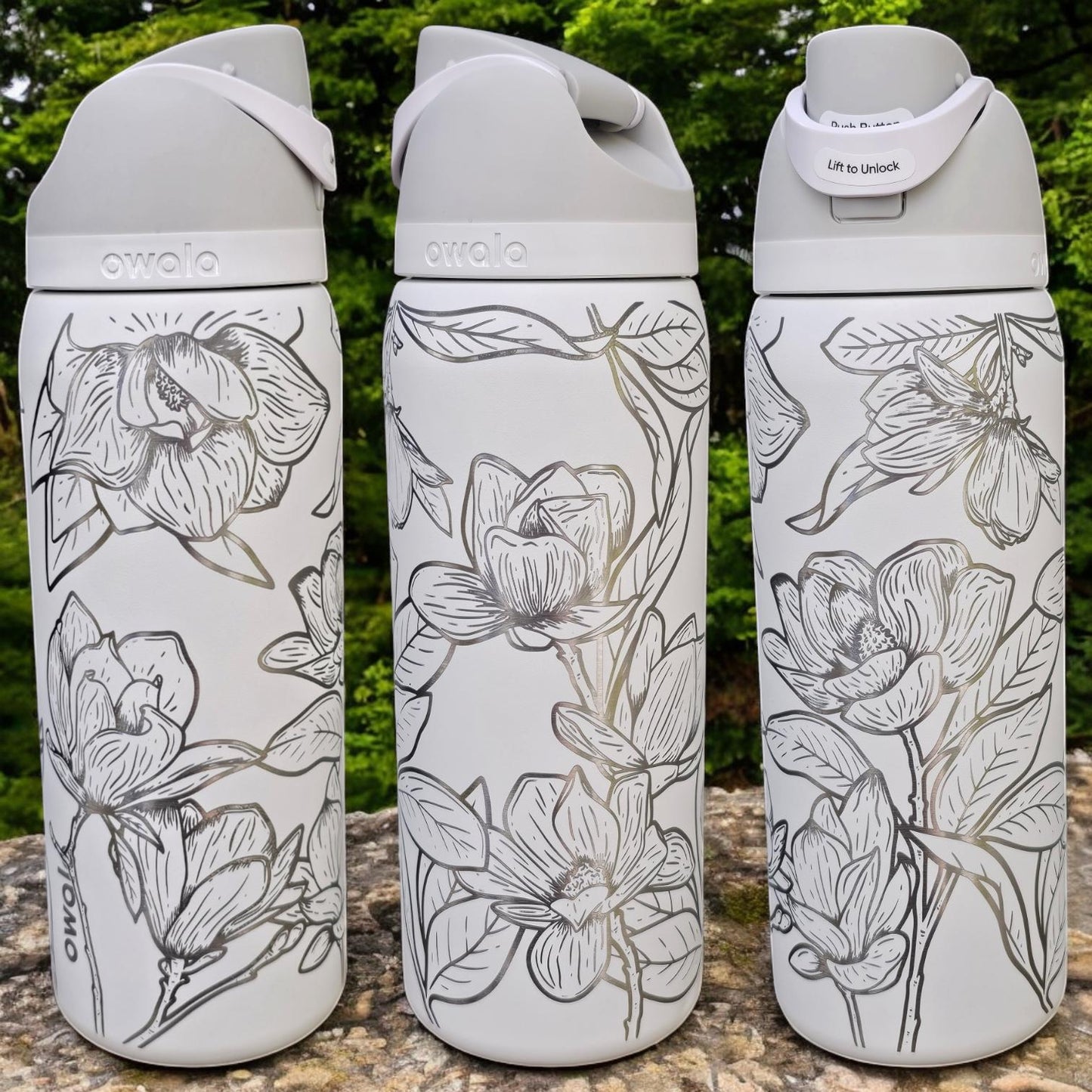 Magnolia Engraved Owala 24 and 32 oz Bottle | Flower Design | Elegant & Personalized Drinkware