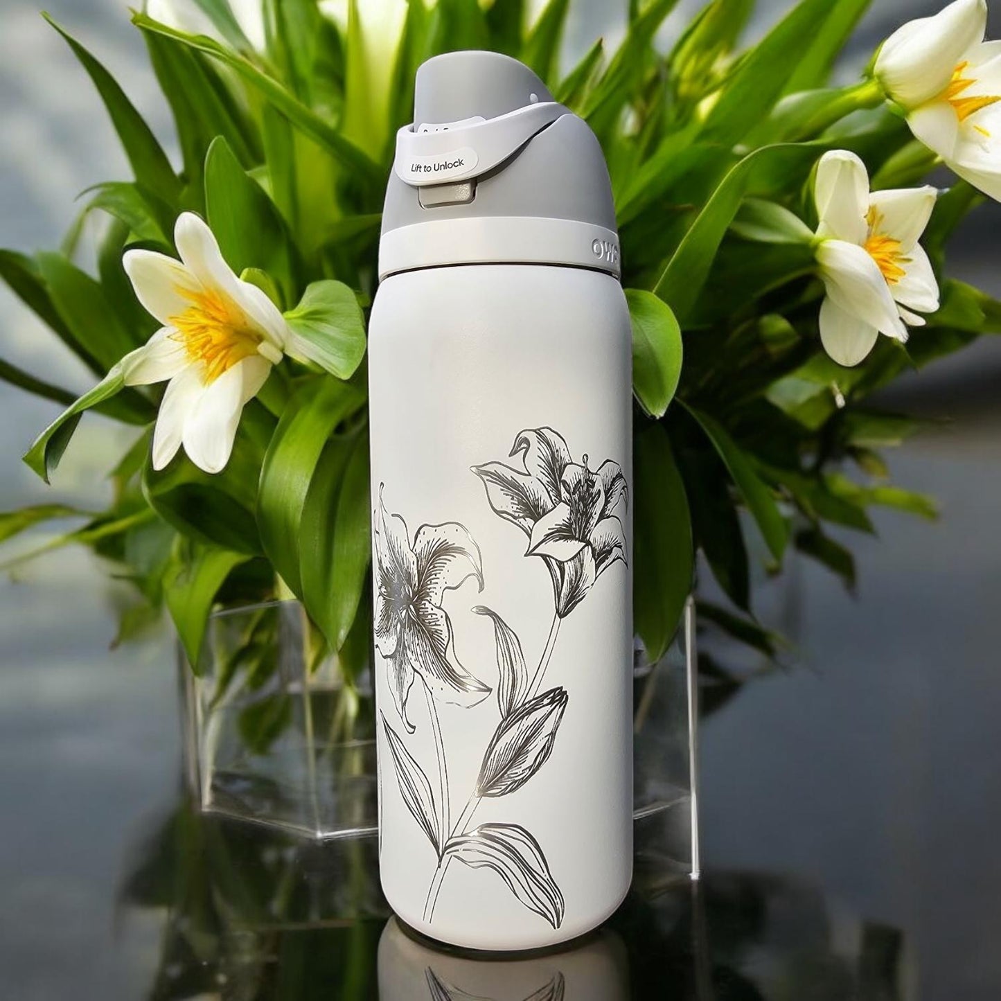 Lily Engraved Owala 24 and 32 oz Bottle | Flower Design | Elegant & Personalized Drinkware