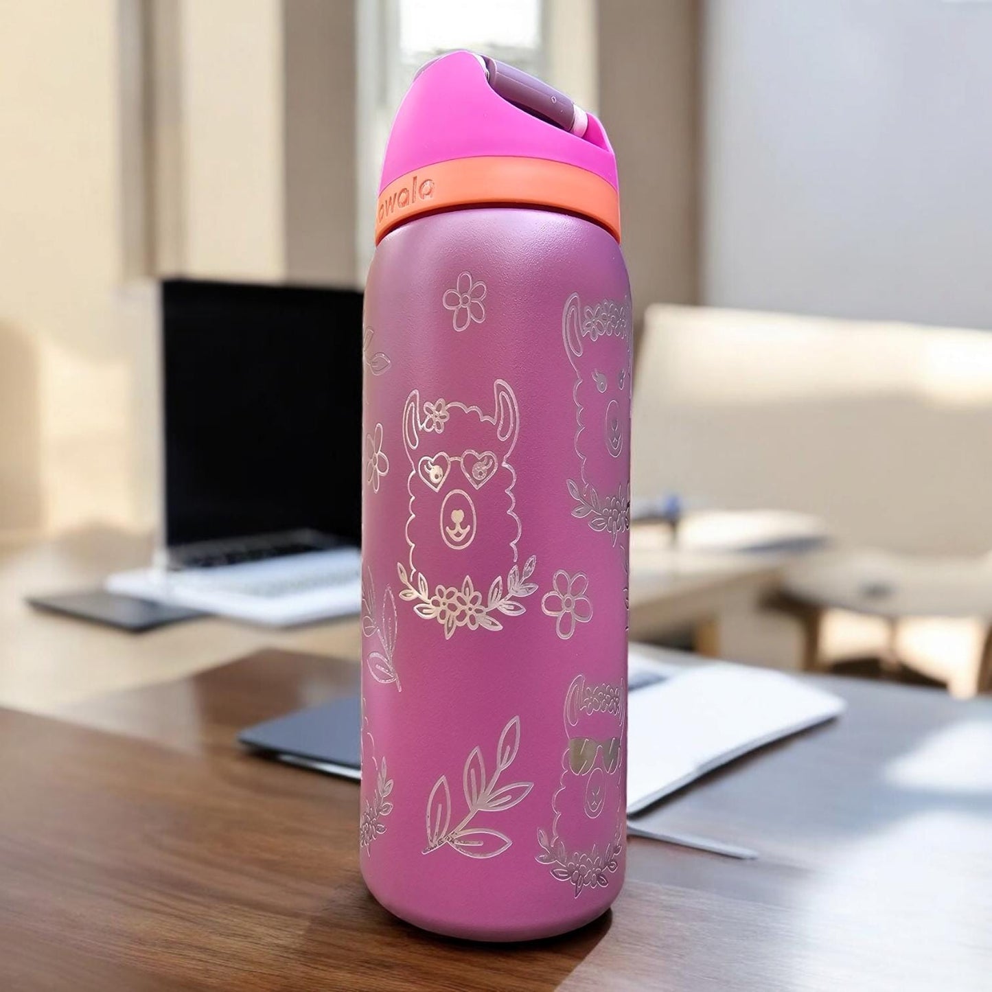 Llama Laser Engraved Owala 24 and 32 oz Bottle | Silver llama Design | fun & Personalized Drinkware