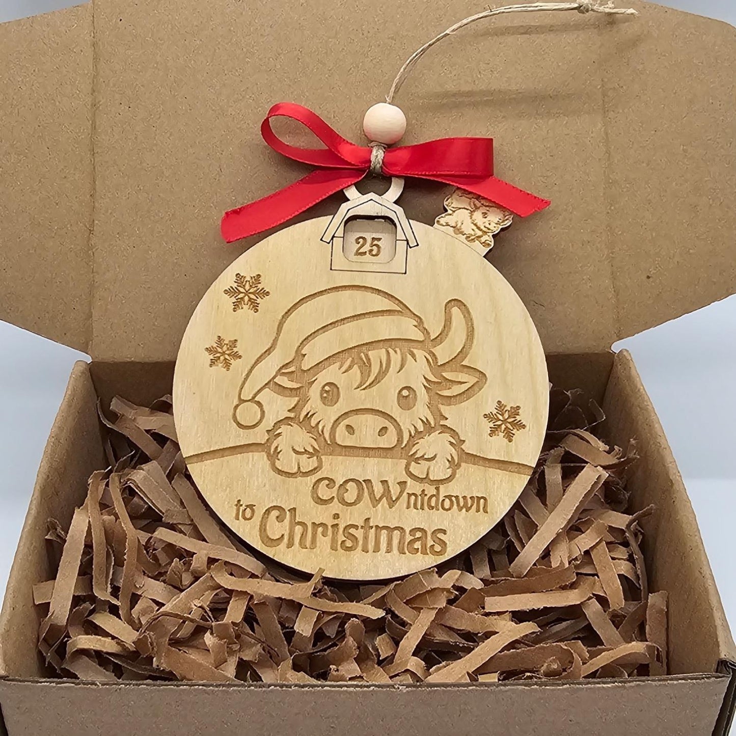 Christmas Countdown Highland Cow, Cute Cow Ornament, Holiday Decor