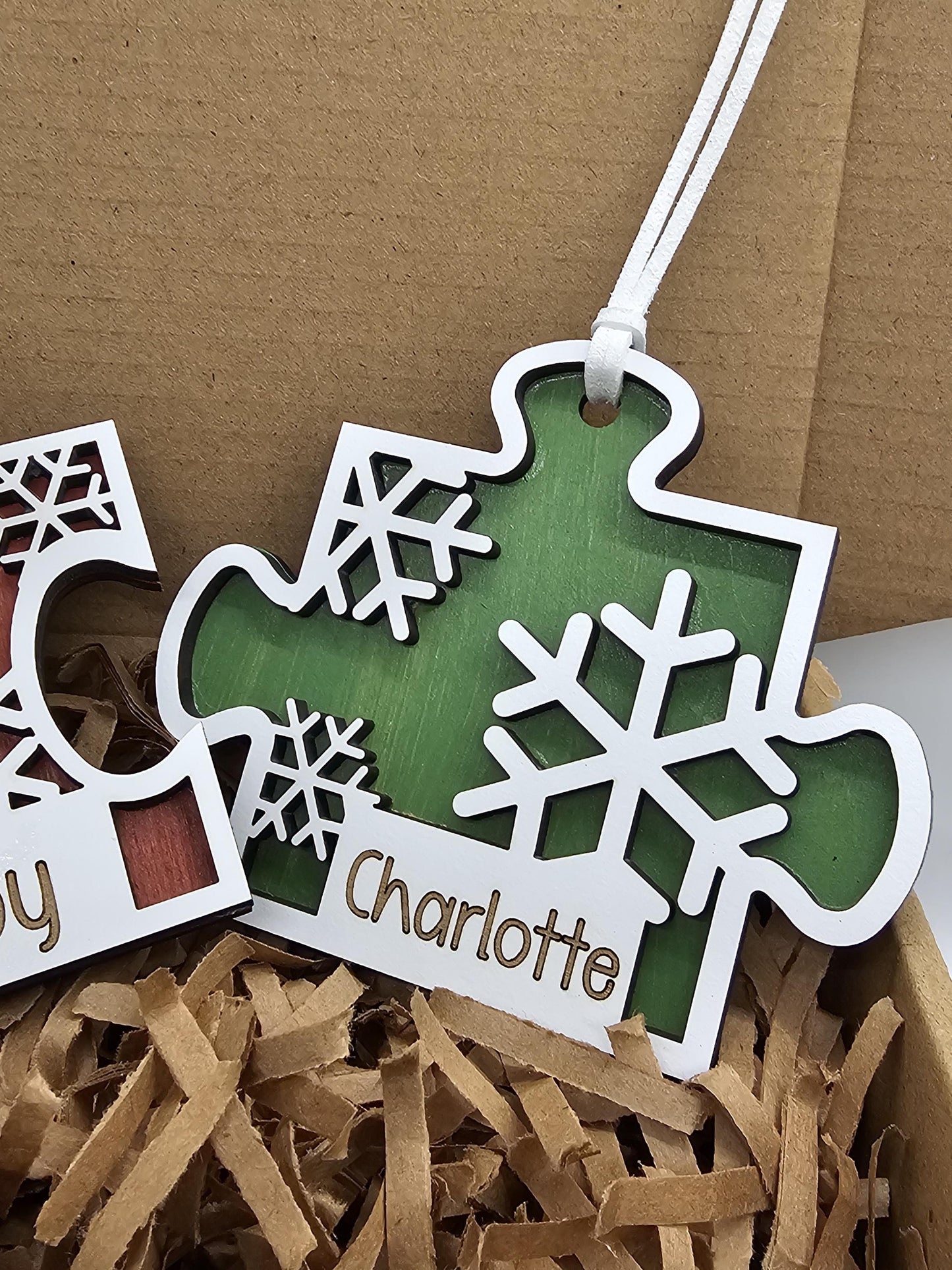 Wooden Puzzle Ornament with Personalization, Custom Name Christmas Decoration, Personalized Holiday Gift