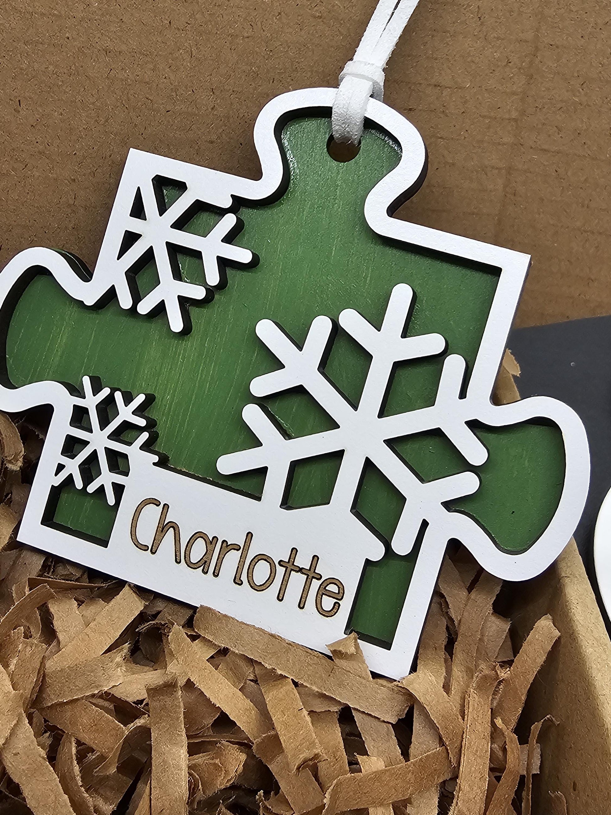 Wooden Puzzle Ornament with Personalization, Custom Name Christmas Decoration, Personalized Holiday Gift