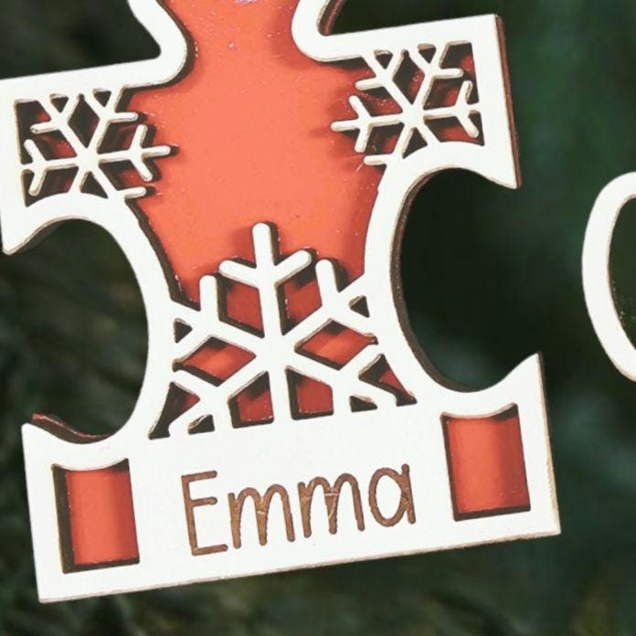 Wooden Puzzle Ornament with Personalization, Custom Name Christmas Decoration, Personalized Holiday Gift
