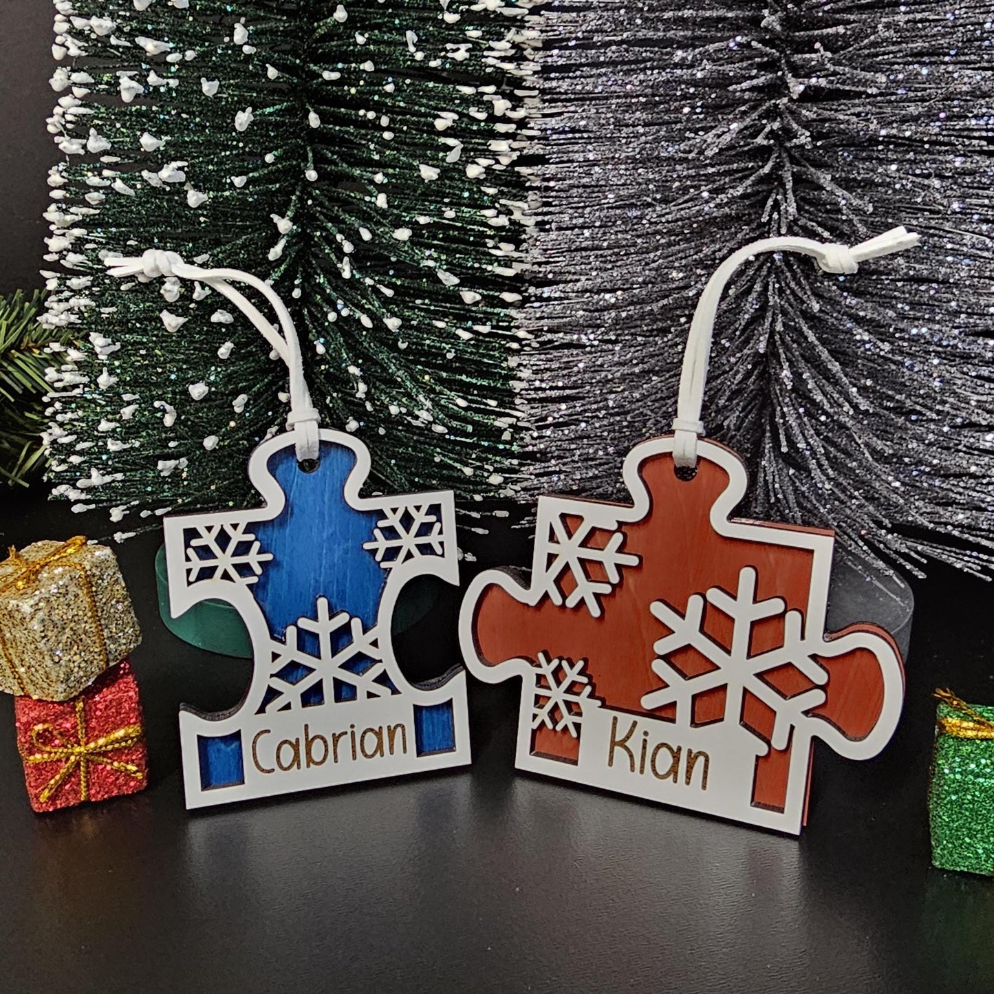 Wooden Puzzle Ornament with Personalization, Custom Name Christmas Decoration, Personalized Holiday Gift