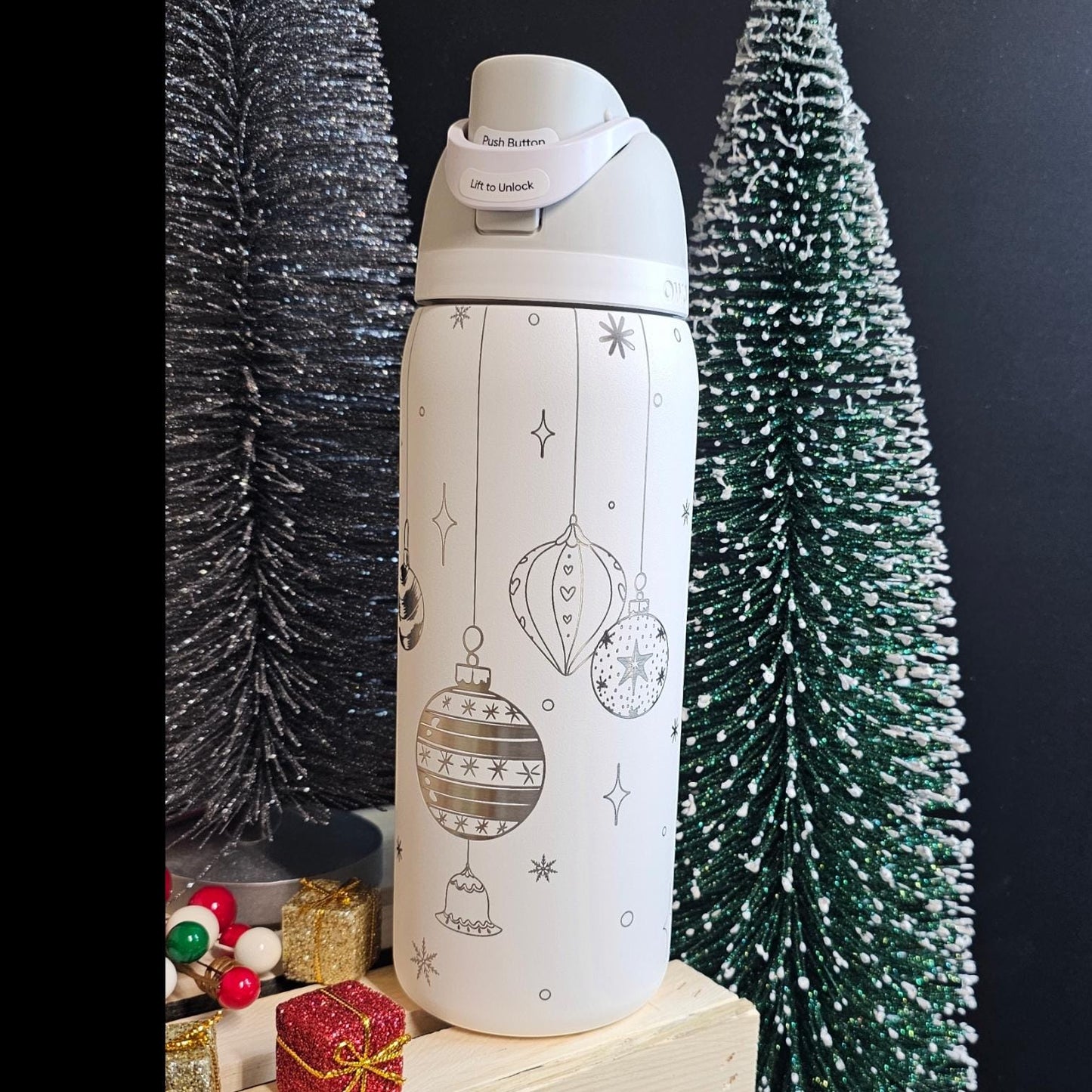 Ornament Engraved Owala 24 and 32 oz Bottle | Silver Ornament Design | Elegant & Personalized Drinkware