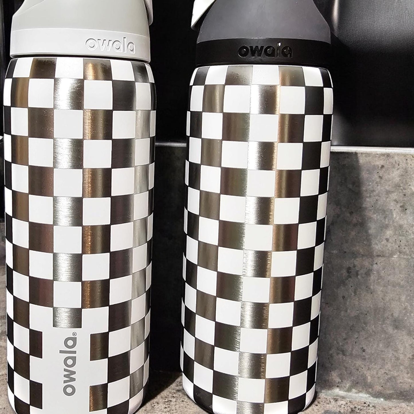Checkered Owala 20, 24, 30, 32 and 40 oz Bottle | Silver Square Design | Elegant & Personalized Drinkware, Freesip and Sway