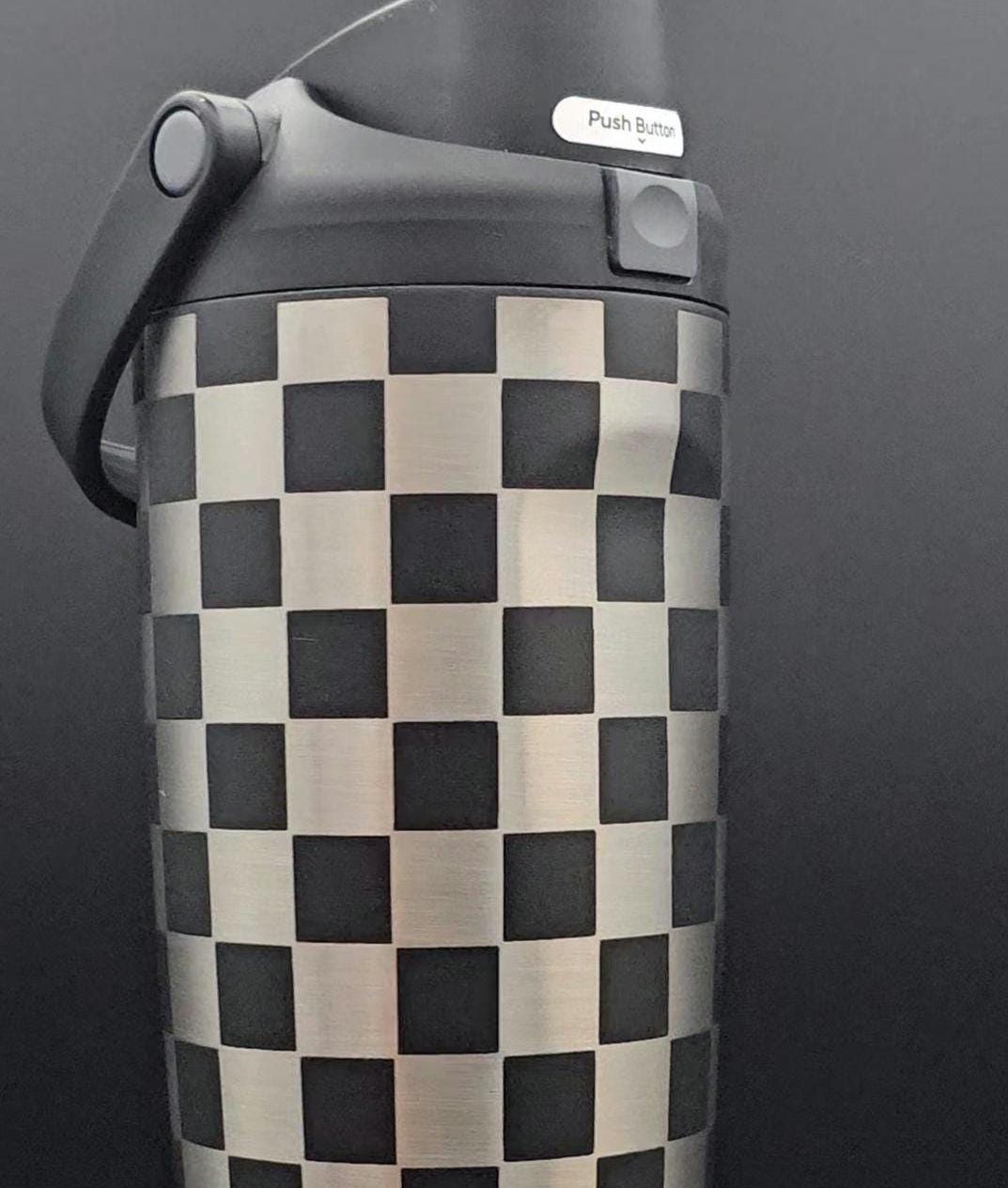 Engraved Checkered Owala Bottle: Personalized Silver Square Design
