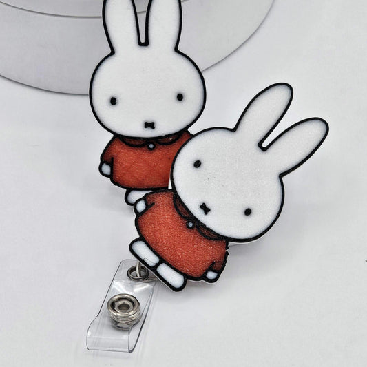 Miffy Badge Reel / 3d printed clip on badge holder/ cute bunny ID holder / resin finish/ Kawaii office gift/ nurse badge reel