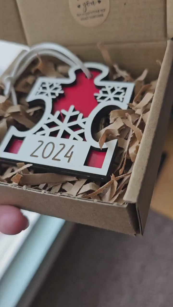 Wooden Puzzle Ornament with Personalization, Custom Name Christmas Decoration, Personalized Holiday Gift