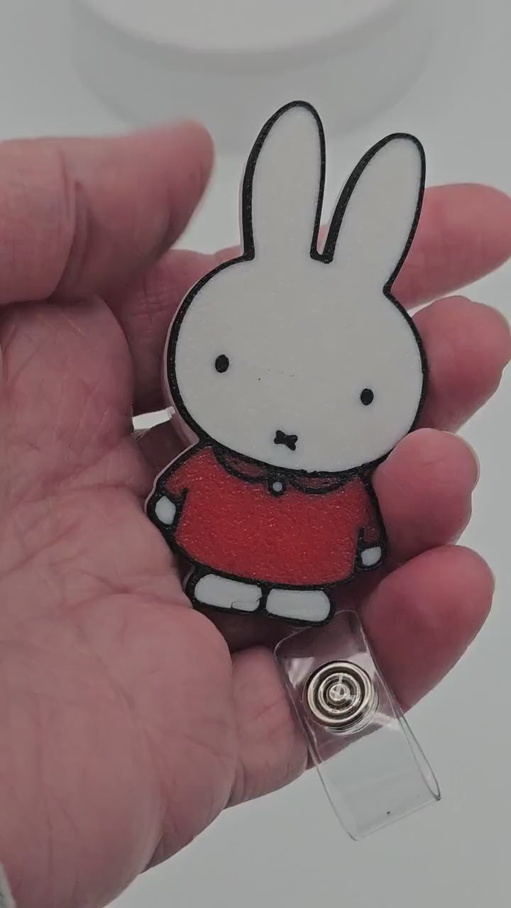 Miffy Badge Reel / 3d printed clip on badge holder/ cute bunny ID holder / resin finish/ Kawaii office gift/ nurse badge reel