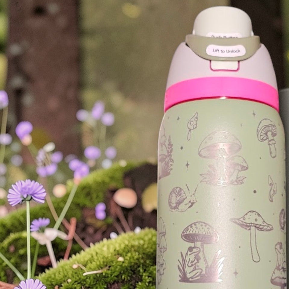 Frog & Mushroom Owala Bottle – Custom Engraved Cottagecore Water Bottle