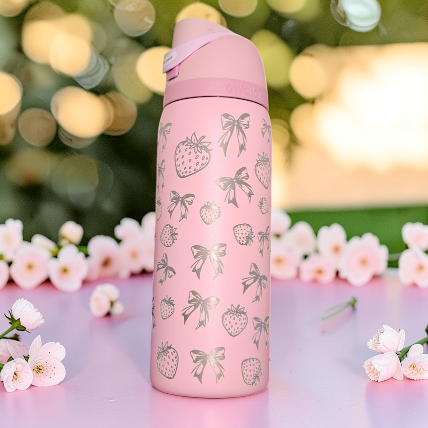 Strawberry & Bow Owala Bottle – Custom Engraved Cute Aesthetic Water Bottle