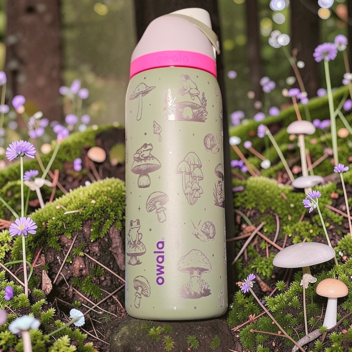 Green water bottle with mushroom design in a forest setting