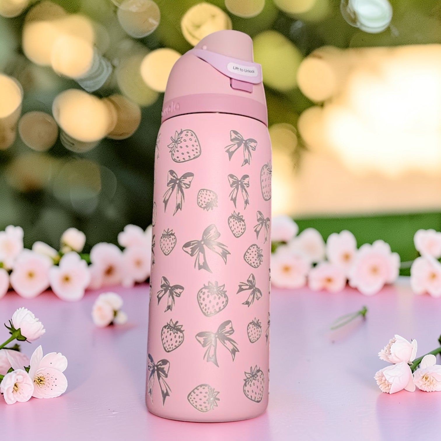 Pink thermos bottle with strawberry and bow pattern on a blurred floral background