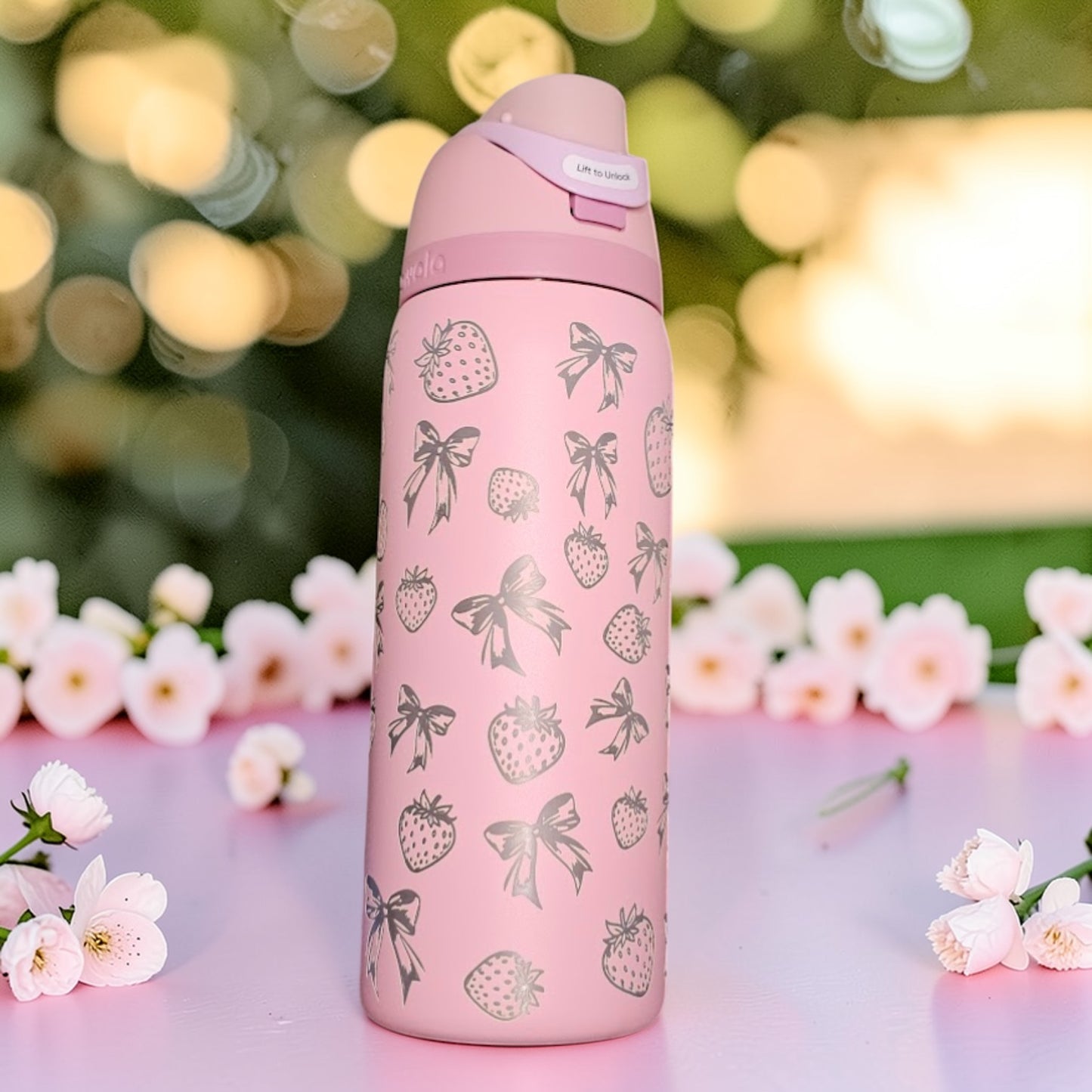Strawberry & Bow Owala Bottle – Custom Engraved Cute Aesthetic Water Bottle