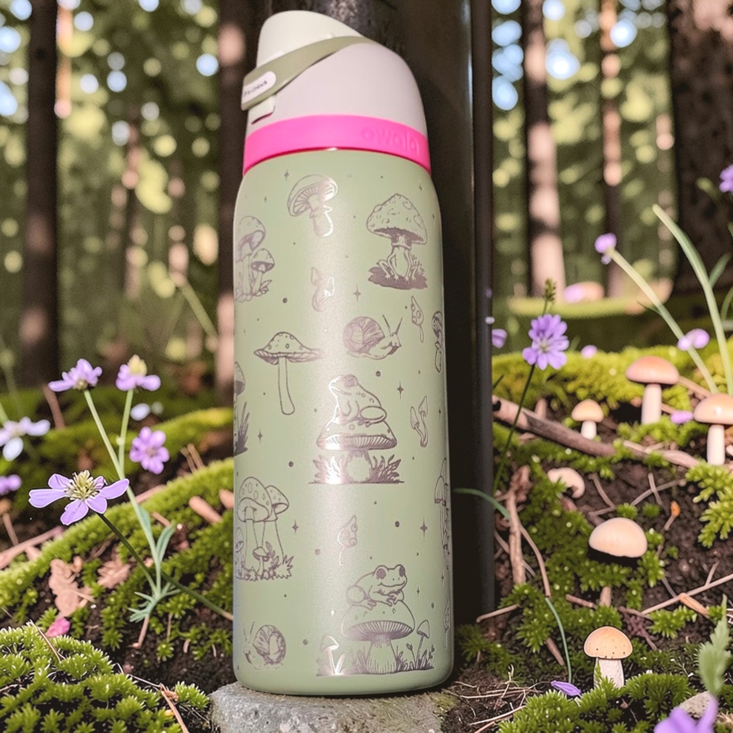 Green water bottle with mushroom design in a forest setting