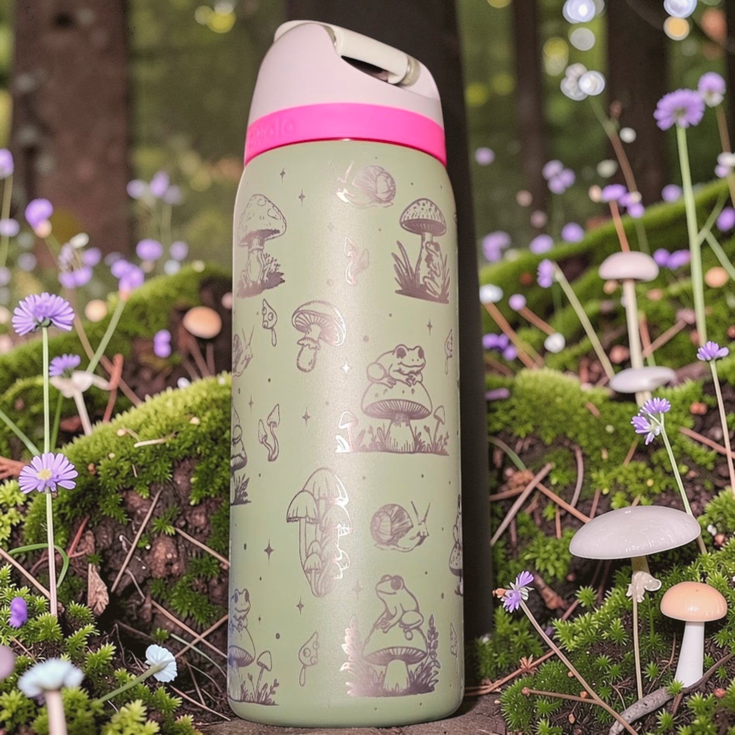 Green water bottle with mushroom design in a forest setting
