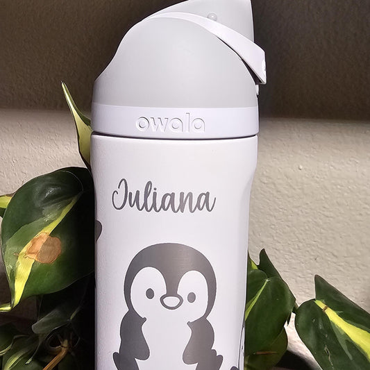 Penguin Design Engraved Owala Bottle: Custom Freesip, Sway, Smooth Sip, optional personalization