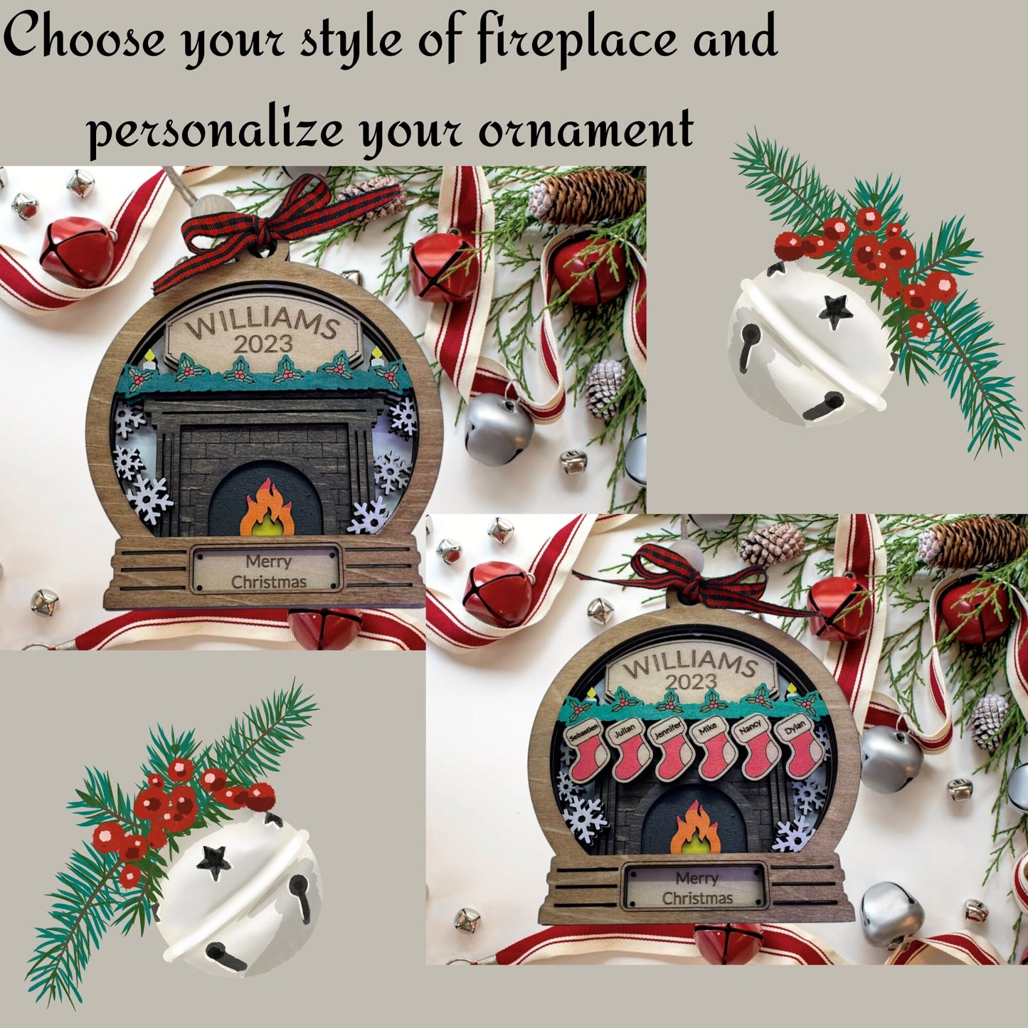 Custom Family Ornament, Fireplace Shape, Personalized Christmas Decoration, Xmas Tree Hanging, Holiday Gift