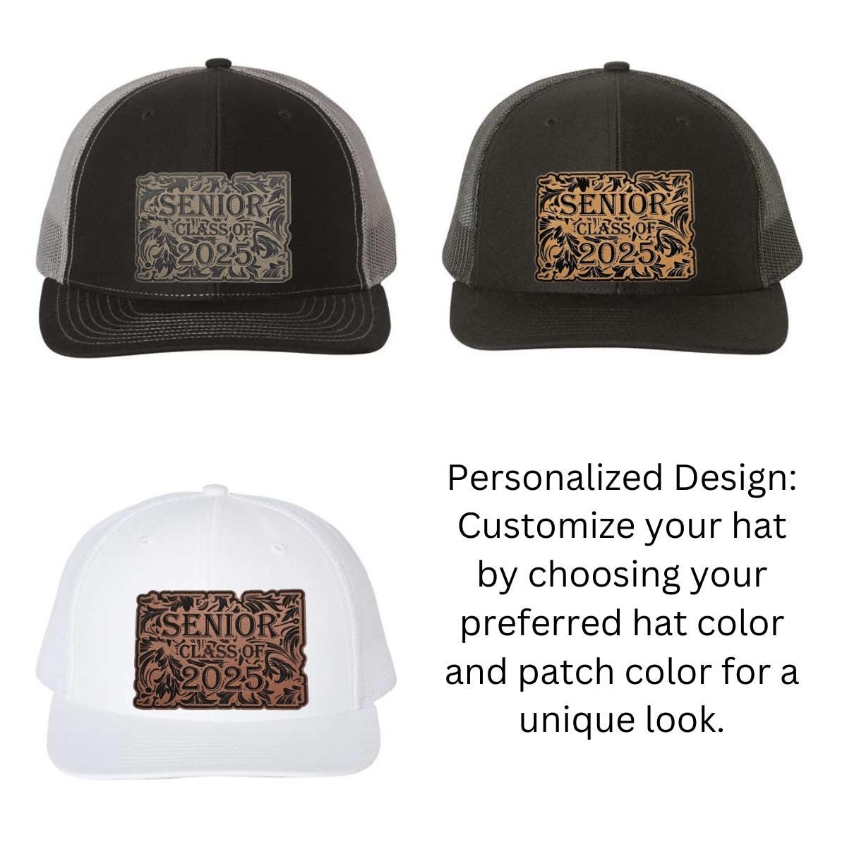 Custom High School Senior Hats with Leatherette Patches - Choose Your Hat and Patch Color, Class of 2025, Senior Year Gift, Grad Keepsake