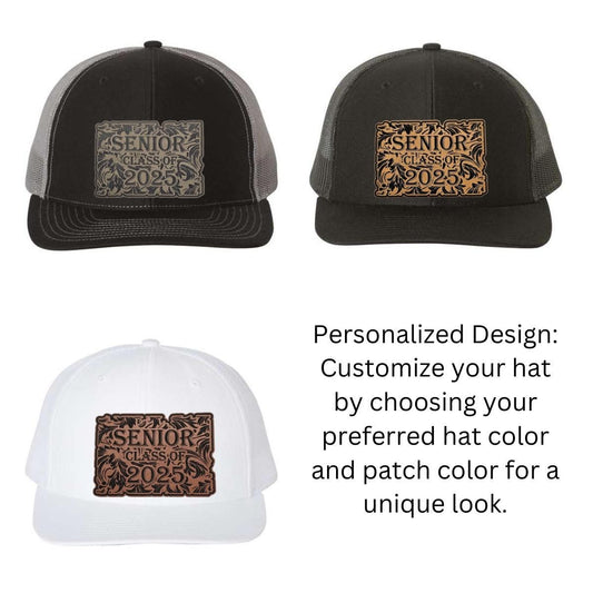 Custom High School Senior Hats with Leatherette Patches - Choose Your Hat and Patch Color, Class of 2025, Senior Year Gift, Grad Keepsake