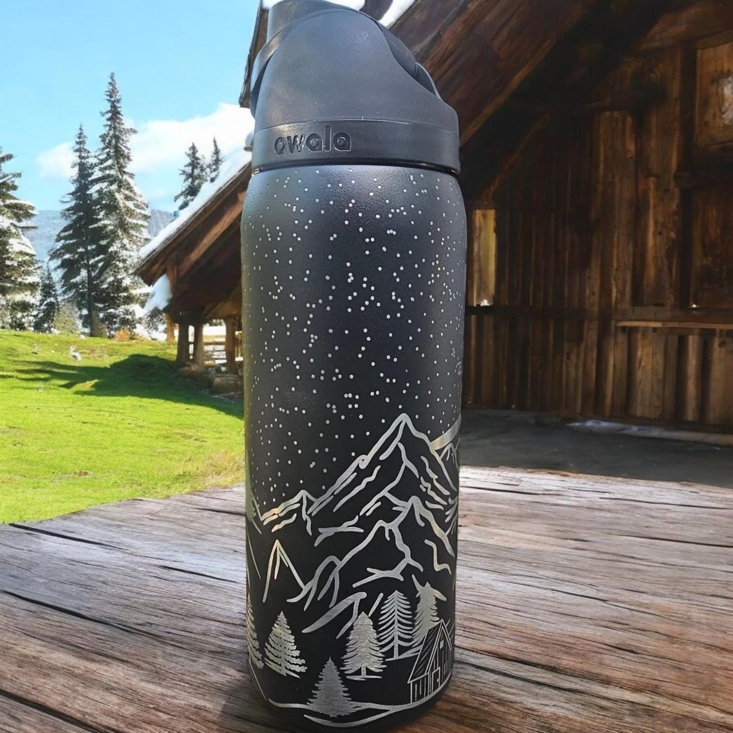 32 oz Owala Tumbler with Engraved Ski Lodge Scene – sleek and very very dark Colors, Perfect for Winter Adventures